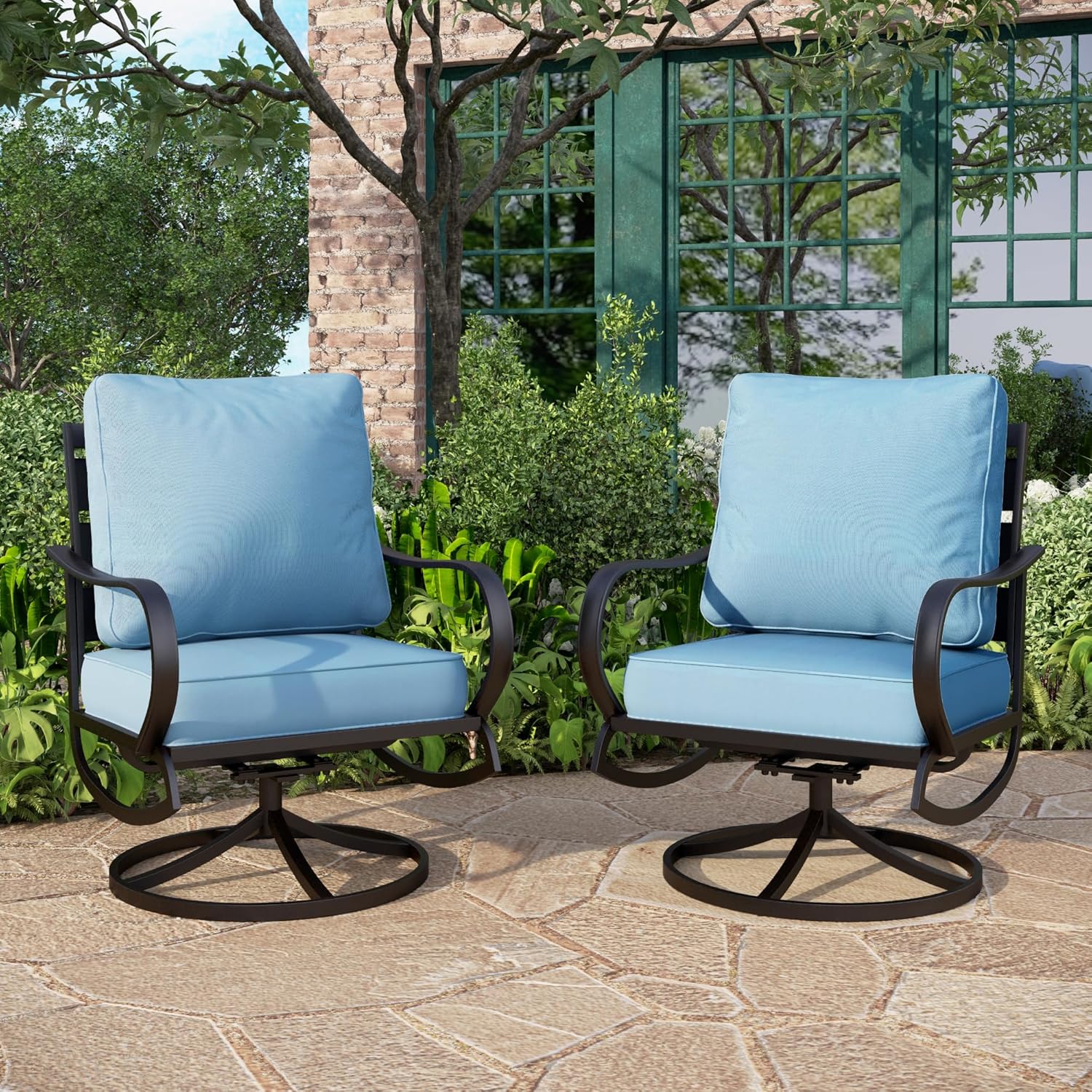 5 PCS Patio Furniture Set, Metal Outdoor Furniture Set with 1 x 3 Seater Deep Seating Bench, 2 x Swivel Sofa Chairs & 2 x Metal Cushioned Ottoman, Outdoor Patio Set for Garden