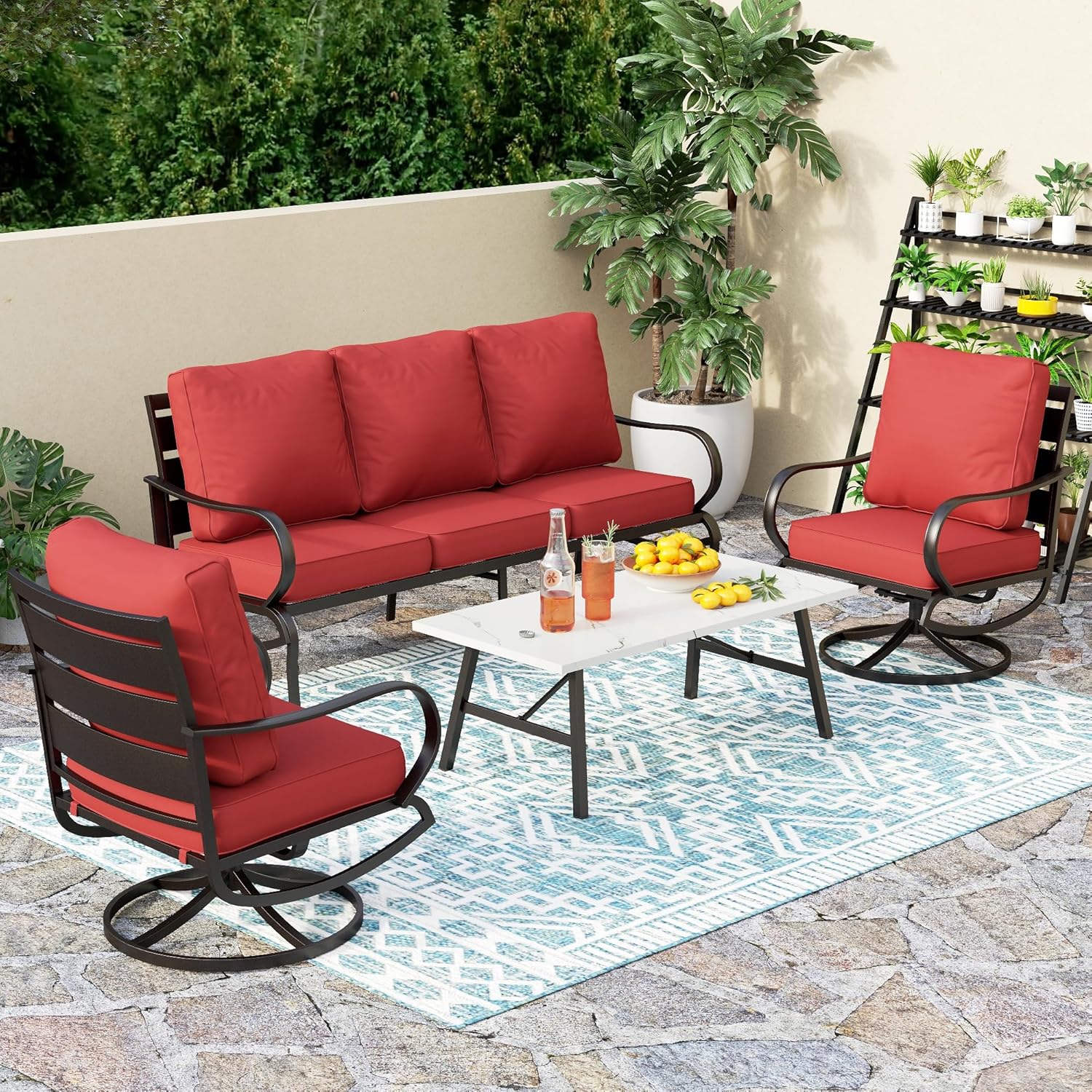5 PCS Patio Furniture Set, Metal Outdoor Furniture Set with 1 x 3 Seater Deep Seating Bench, 2 x Swivel Sofa Chairs & 2 x Metal Cushioned Ottoman, Outdoor Patio Set for Garden