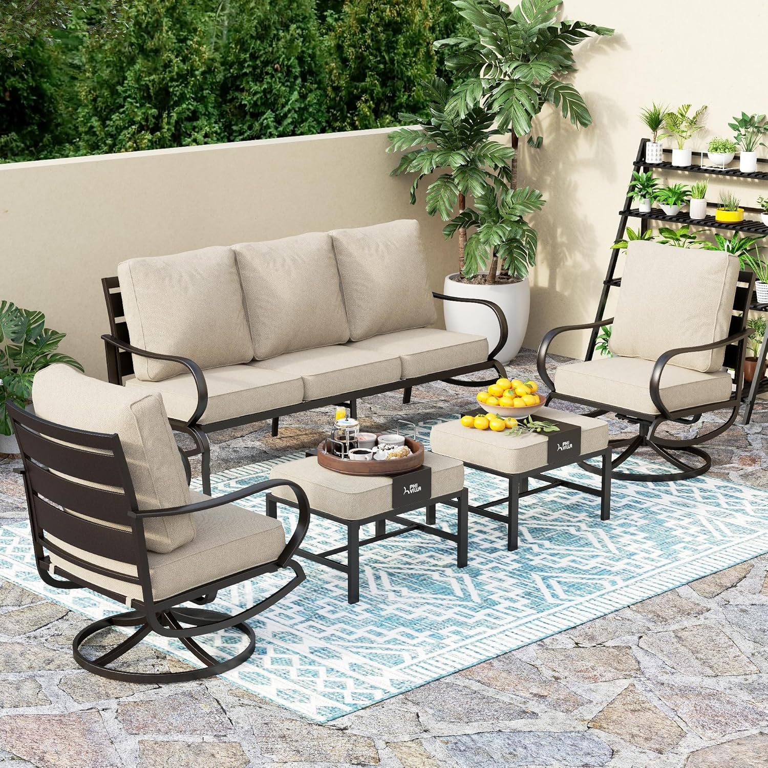 5 PCS Patio Furniture Set, Metal Outdoor Furniture Set with 1 x 3 Seater Deep Seating Bench, 2 x Swivel Sofa Chairs & 2 x Metal Cushioned Ottoman, Outdoor Patio Set for Garden