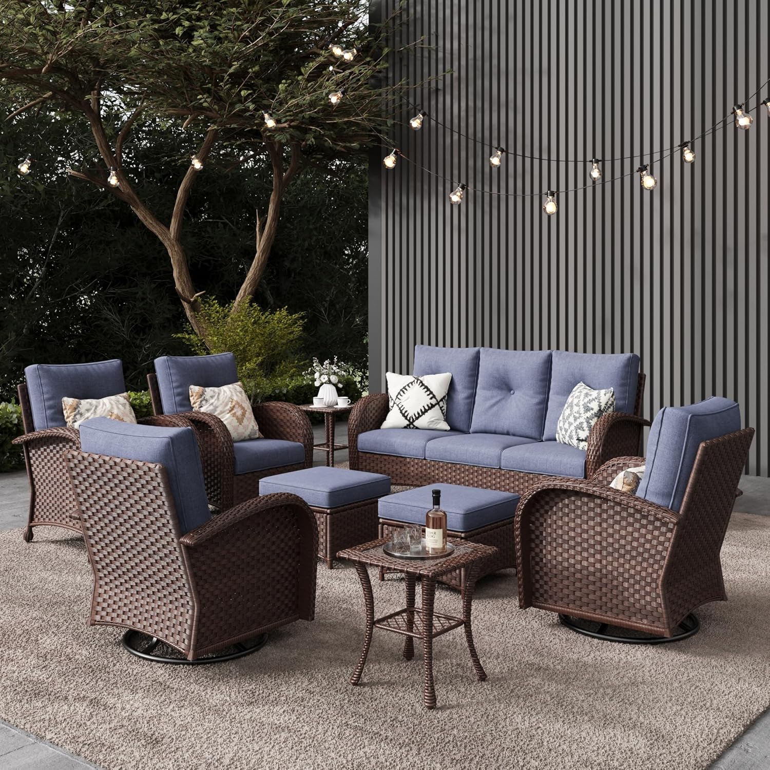 10 Pieces Outdoor Patio Furniture Set with Fire Pit Table, Rattan Wicker Sectional Swivel Rocker Chairs Sets