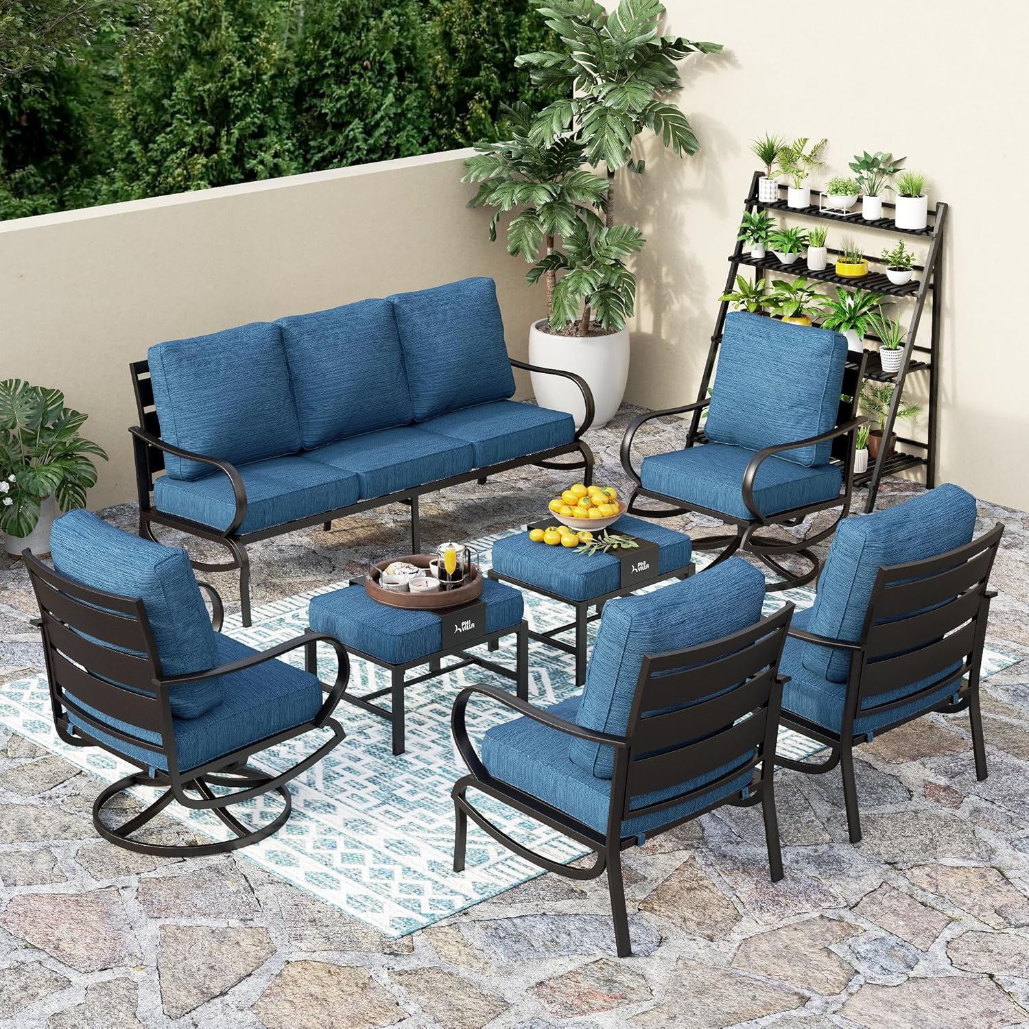 5 PCS Patio Furniture Set, Metal Outdoor Furniture Set with 1 x 3 Seater Deep Seating Bench, 2 x Swivel Sofa Chairs & 2 x Metal Cushioned Ottoman, Outdoor Patio Set for Garden