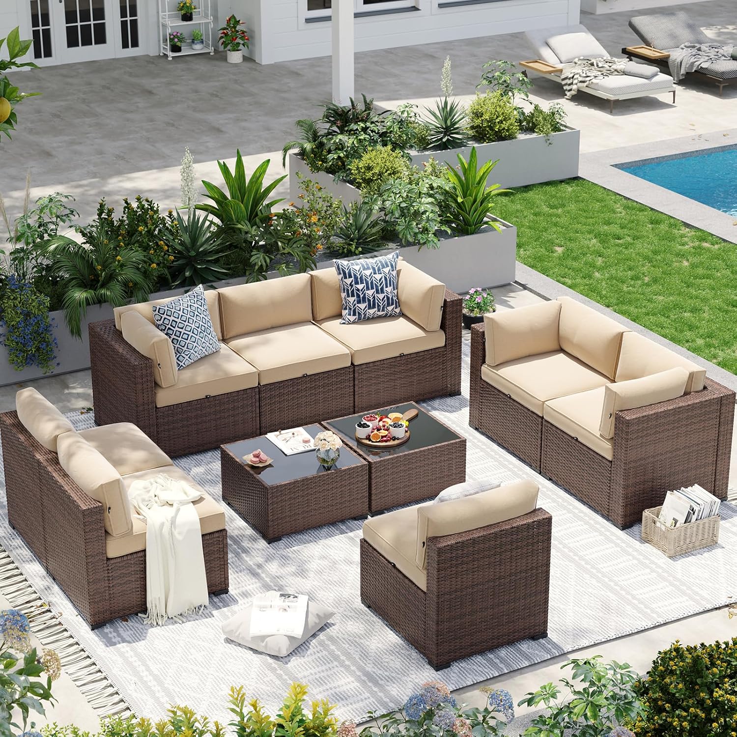Patio Furniture Sets, 7-Piece Outdoor Patio Furniture with Thick Cushions, Wicker Outdoor Conversation Set Sectional Sofa for Backyard, Poolside, Garden