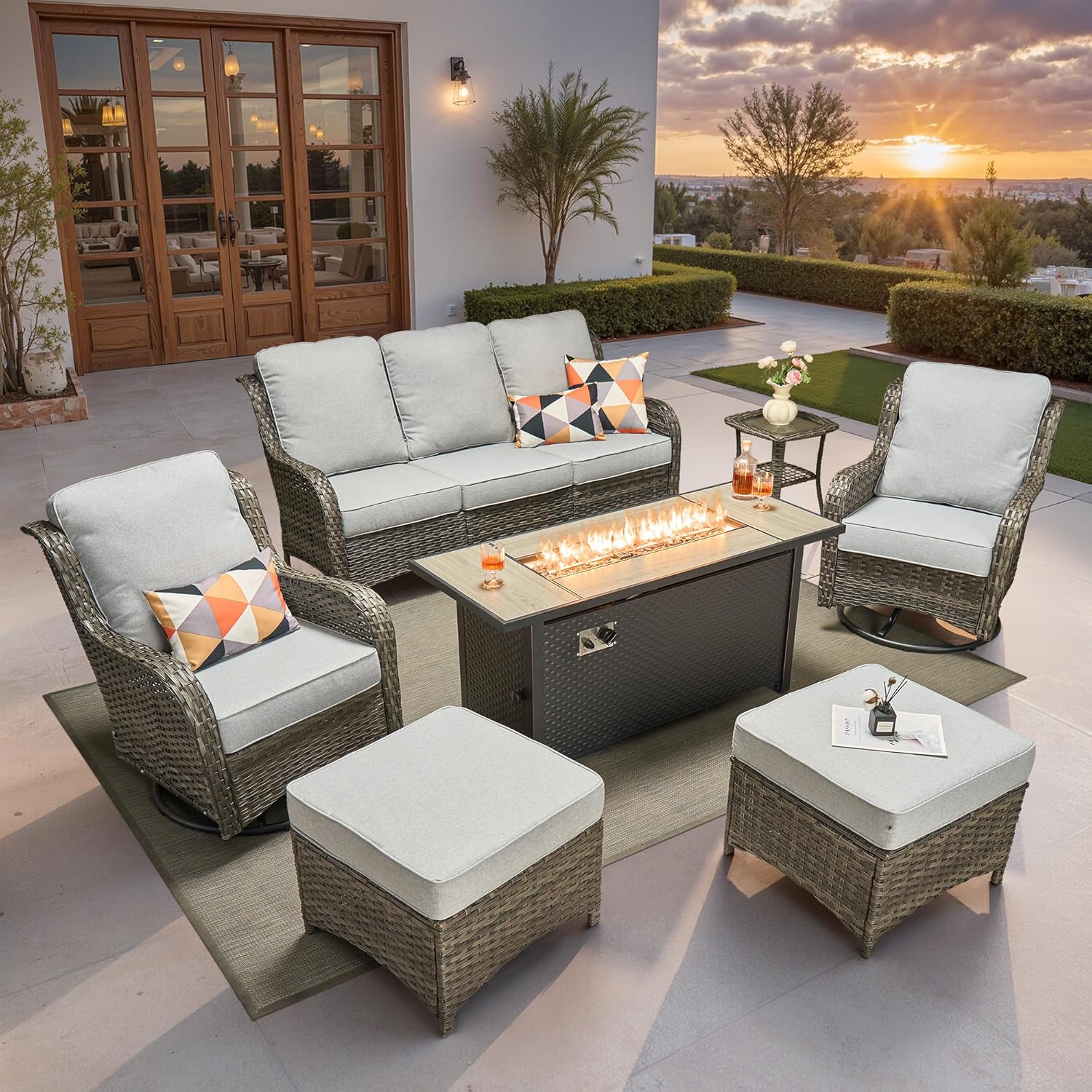 5 Pieces Patio Furniture Set, Outdoor Wicker Sofa Couch with Swivel Chairs Solar Lights Table, High Back Modern All Weather Conversation Sets, Grey Rattan, Denim Blue