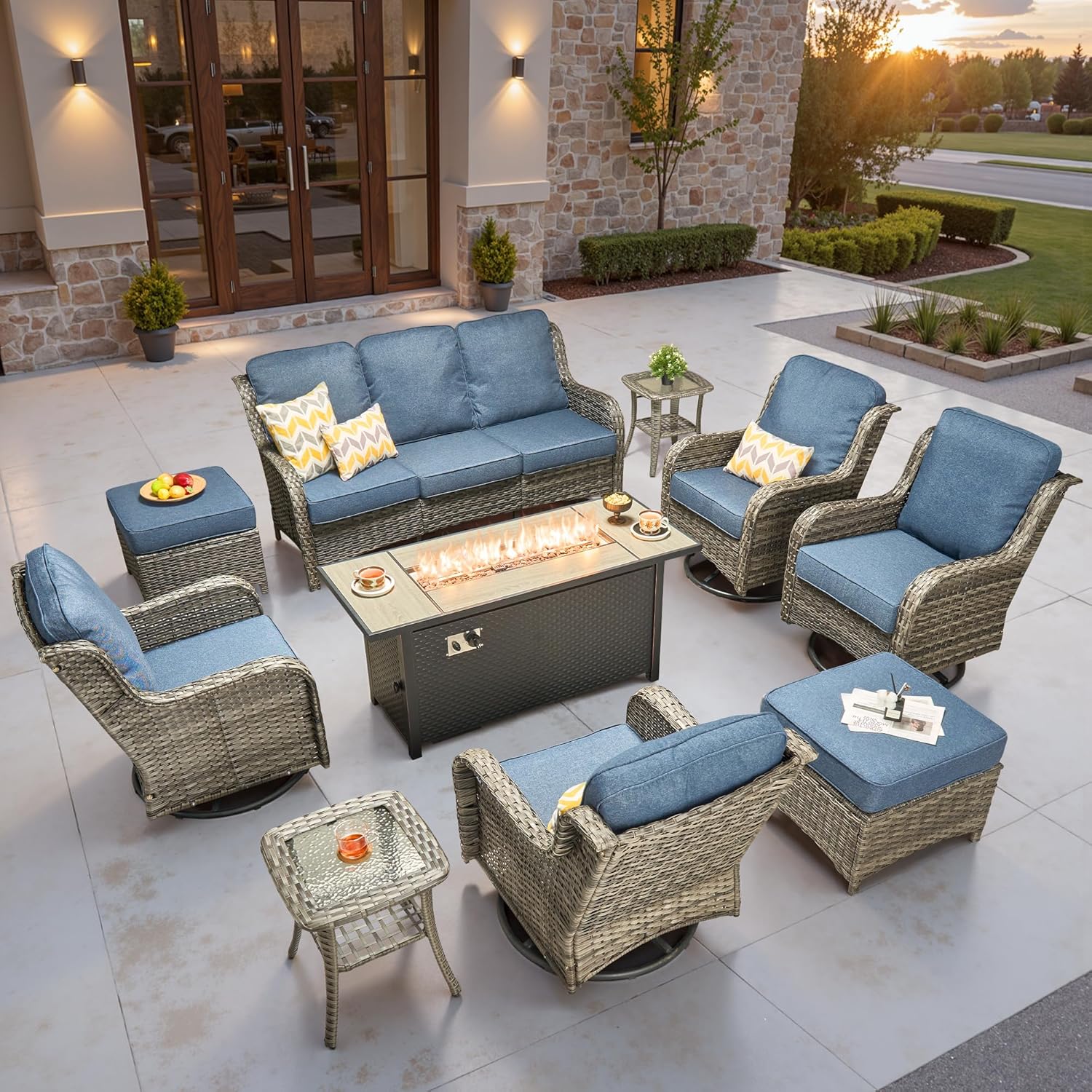 5 Pieces Patio Furniture Set, Outdoor Wicker Sofa Couch with Swivel Chairs Solar Lights Table, High Back Modern All Weather Conversation Sets, Grey Rattan, Denim Blue