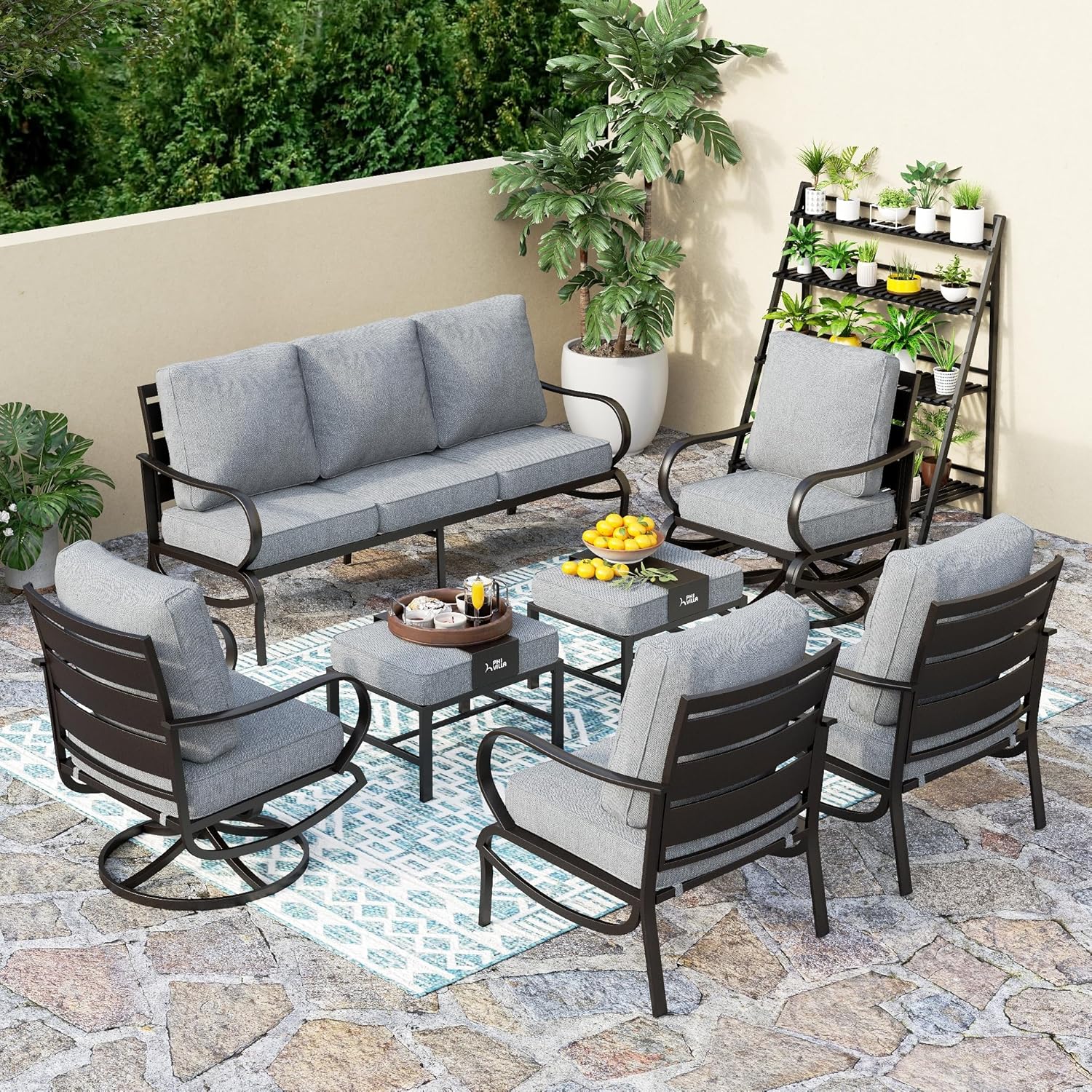 5 PCS Patio Furniture Set, Metal Outdoor Furniture Set with 1 x 3 Seater Deep Seating Bench, 2 x Swivel Sofa Chairs & 2 x Metal Cushioned Ottoman, Outdoor Patio Set for Garden