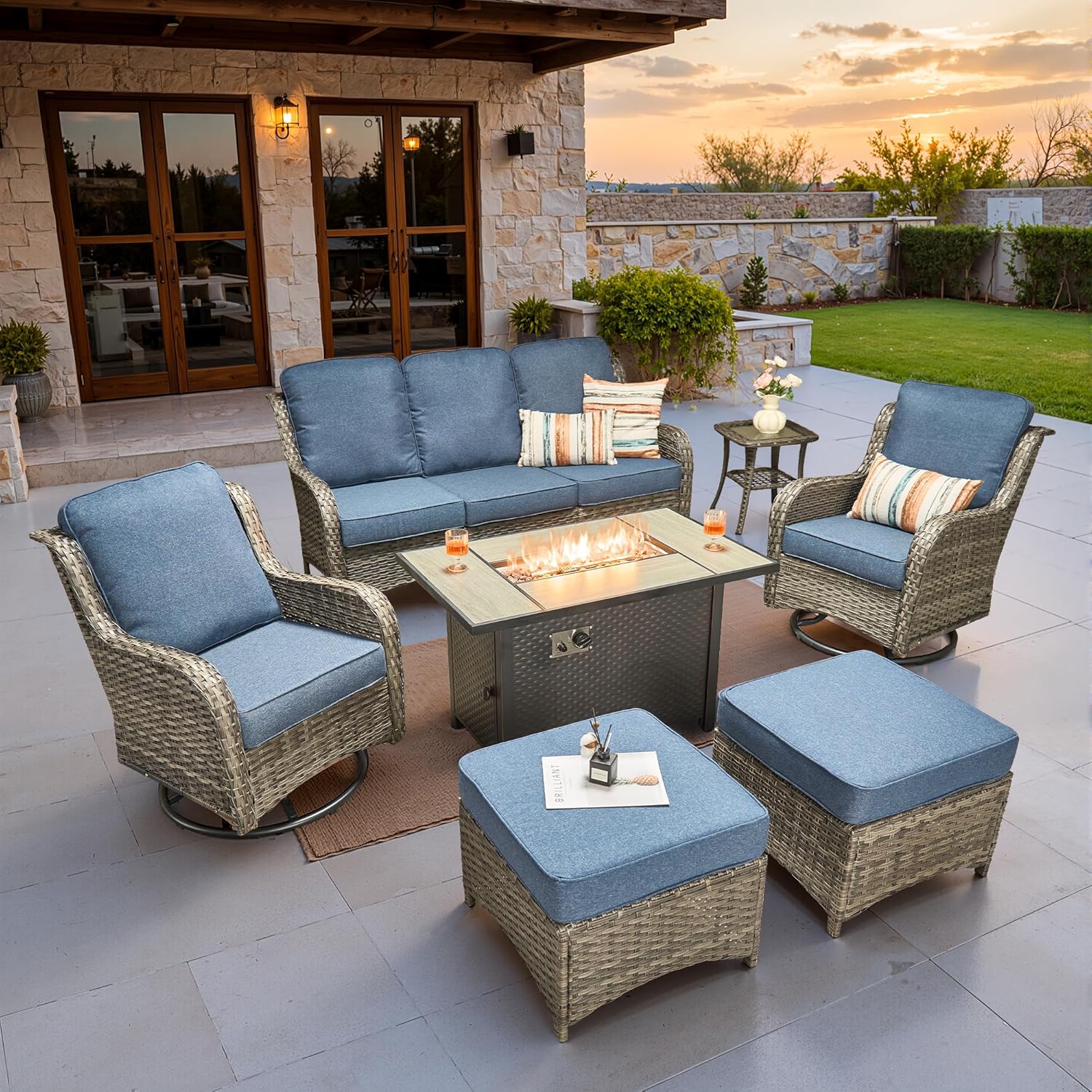 5 Pieces Patio Furniture Set, Outdoor Wicker Sofa Couch with Swivel Chairs Solar Lights Table, High Back Modern All Weather Conversation Sets, Grey Rattan, Denim Blue