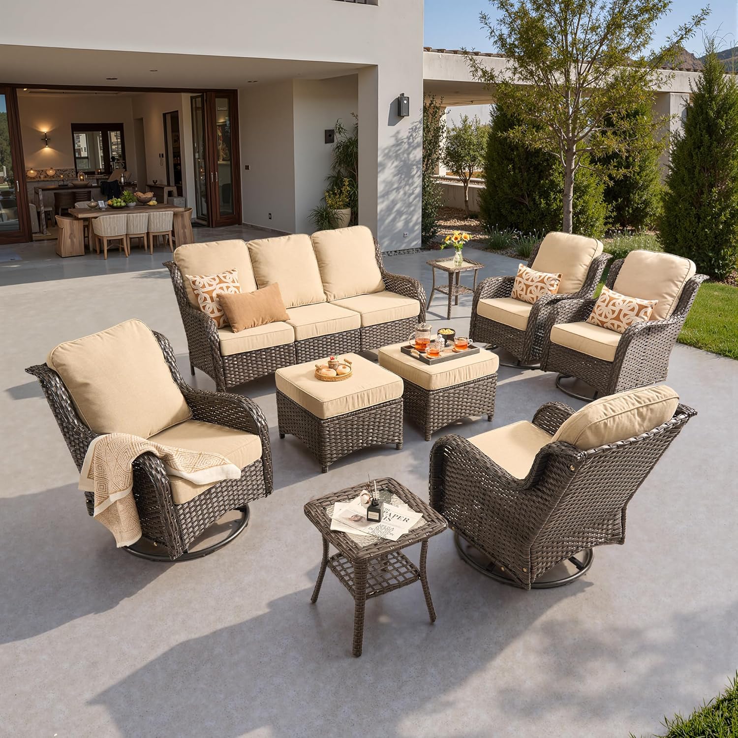 5 Pieces Patio Furniture Set, Outdoor Wicker Sofa Couch with Swivel Chairs Solar Lights Table, High Back Modern All Weather Conversation Sets, Grey Rattan, Denim Blue