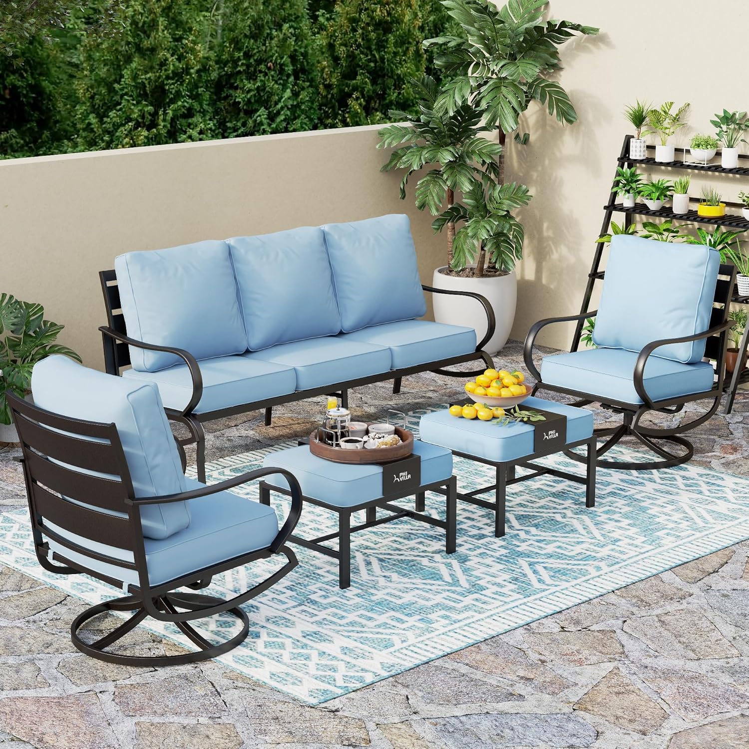 5 PCS Patio Furniture Set, Metal Outdoor Furniture Set with 1 x 3 Seater Deep Seating Bench, 2 x Swivel Sofa Chairs & 2 x Metal Cushioned Ottoman, Outdoor Patio Set for Garden