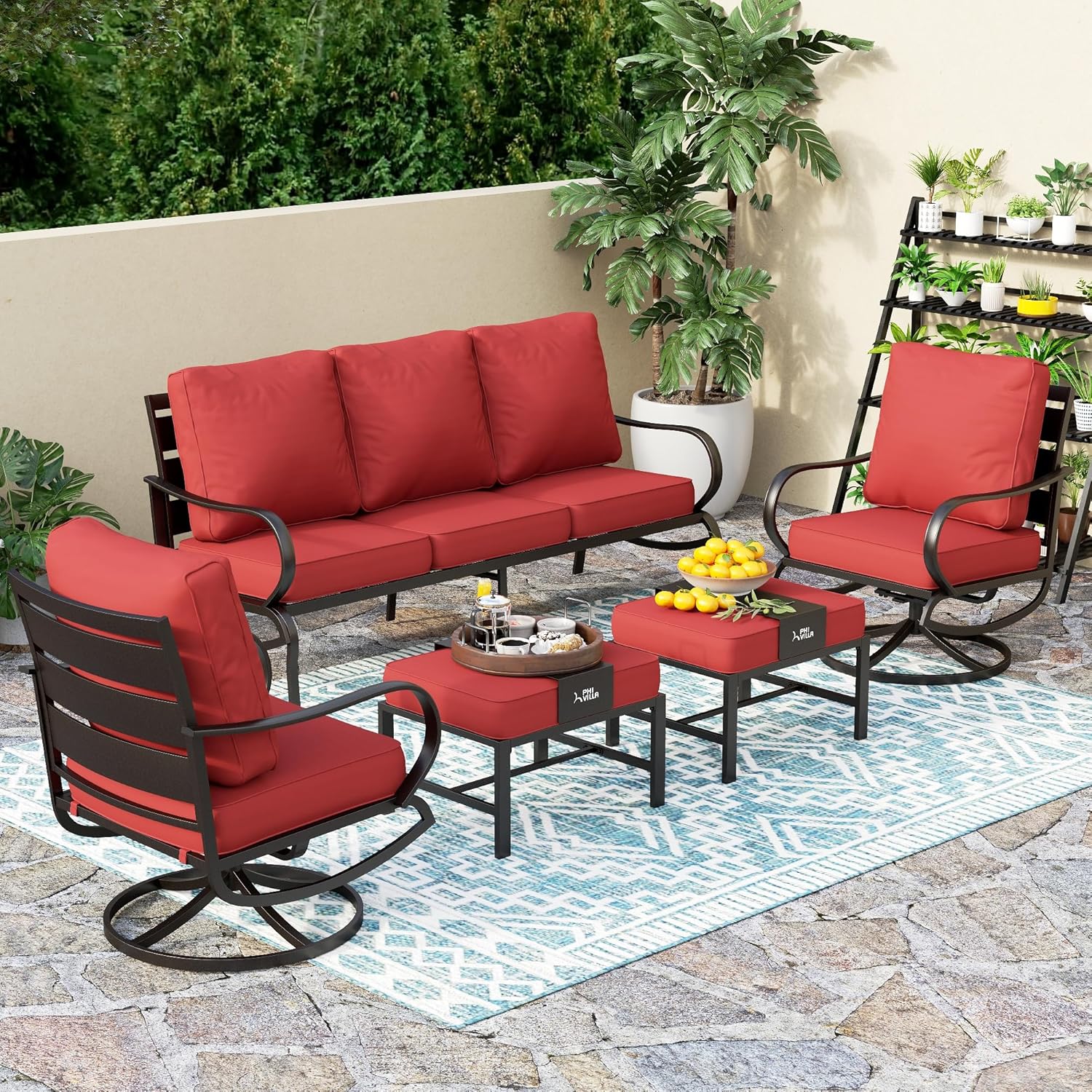 5 PCS Patio Furniture Set, Metal Outdoor Furniture Set with 1 x 3 Seater Deep Seating Bench, 2 x Swivel Sofa Chairs & 2 x Metal Cushioned Ottoman, Outdoor Patio Set for Garden