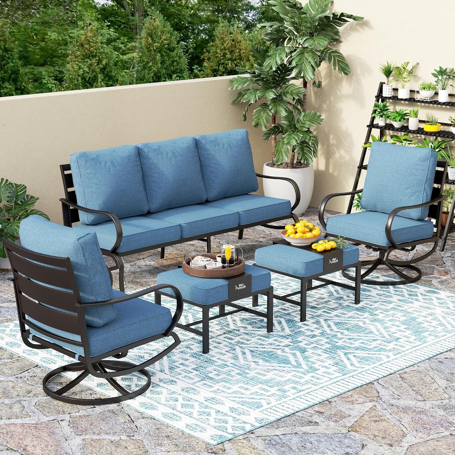5 PCS Patio Furniture Set, Metal Outdoor Furniture Set with 1 x 3 Seater Deep Seating Bench, 2 x Swivel Sofa Chairs & 2 x Metal Cushioned Ottoman, Outdoor Patio Set for Garden
