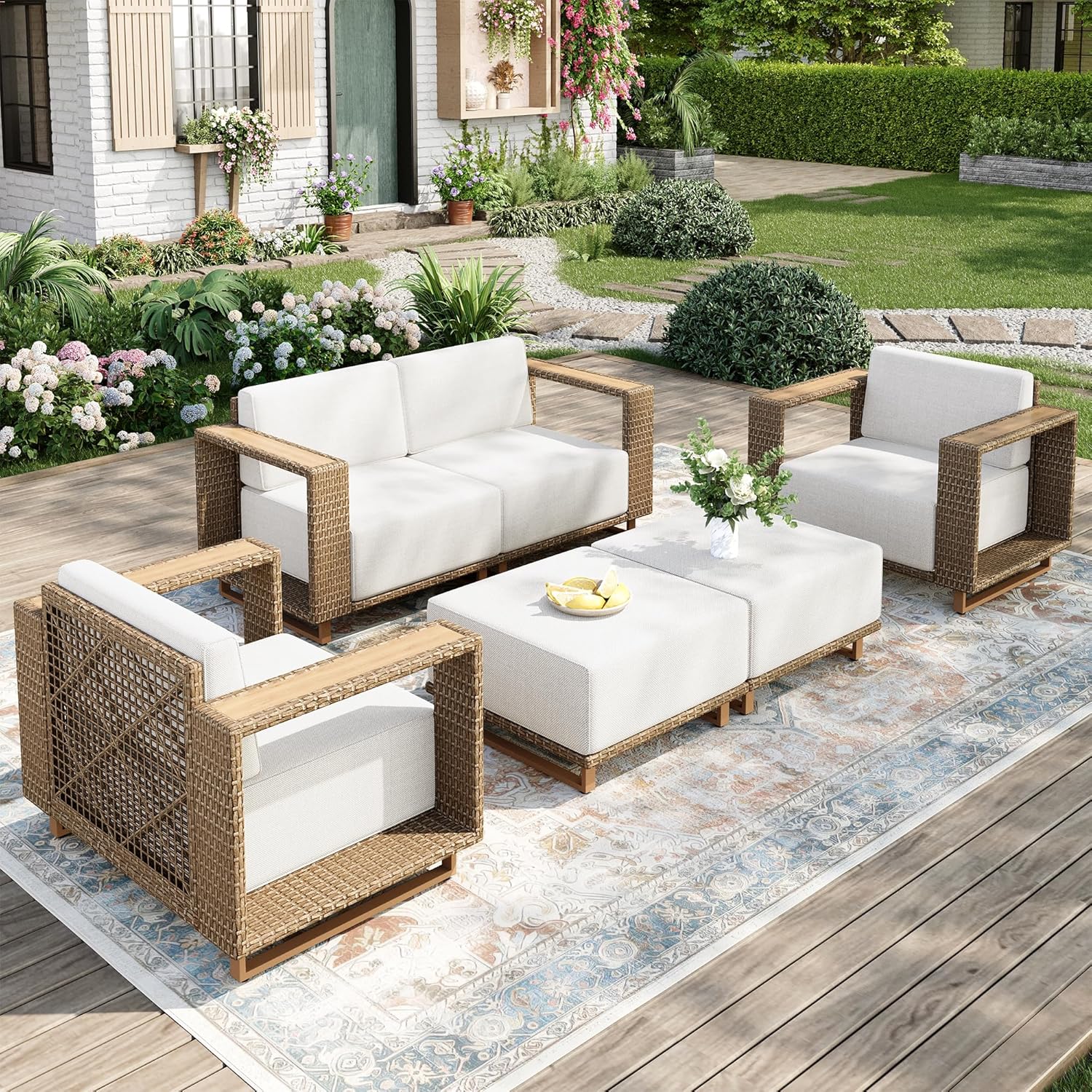 Outdoor Patio Furniture Set, 6 Piece Sectional Rattan Wicker Sofa Couch, Outdoor Conversation Sets with 10" Extra Thick Cushions for Deck Backyard Lawn
