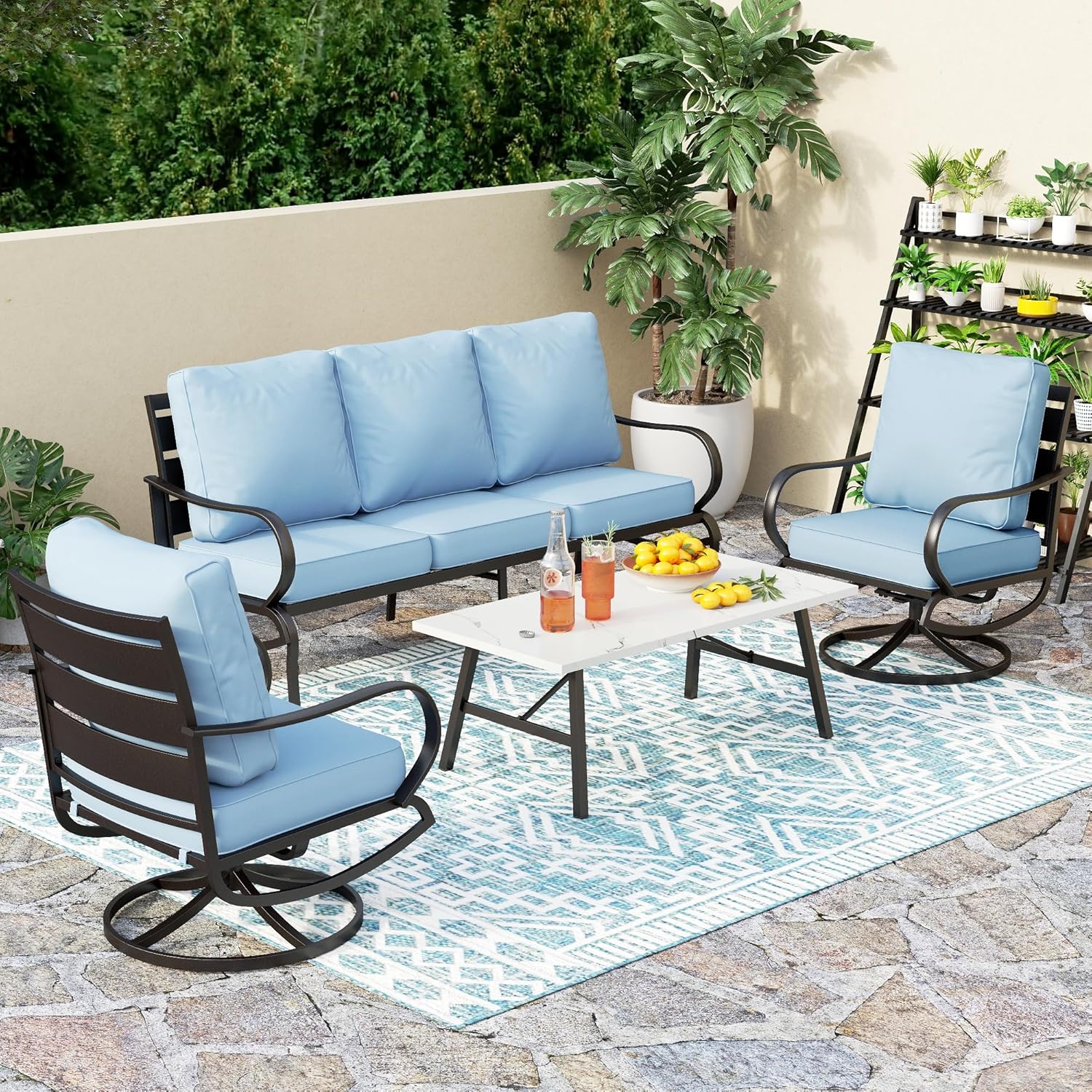 5 PCS Patio Furniture Set, Metal Outdoor Furniture Set with 1 x 3 Seater Deep Seating Bench, 2 x Swivel Sofa Chairs & 2 x Metal Cushioned Ottoman, Outdoor Patio Set for Garden
