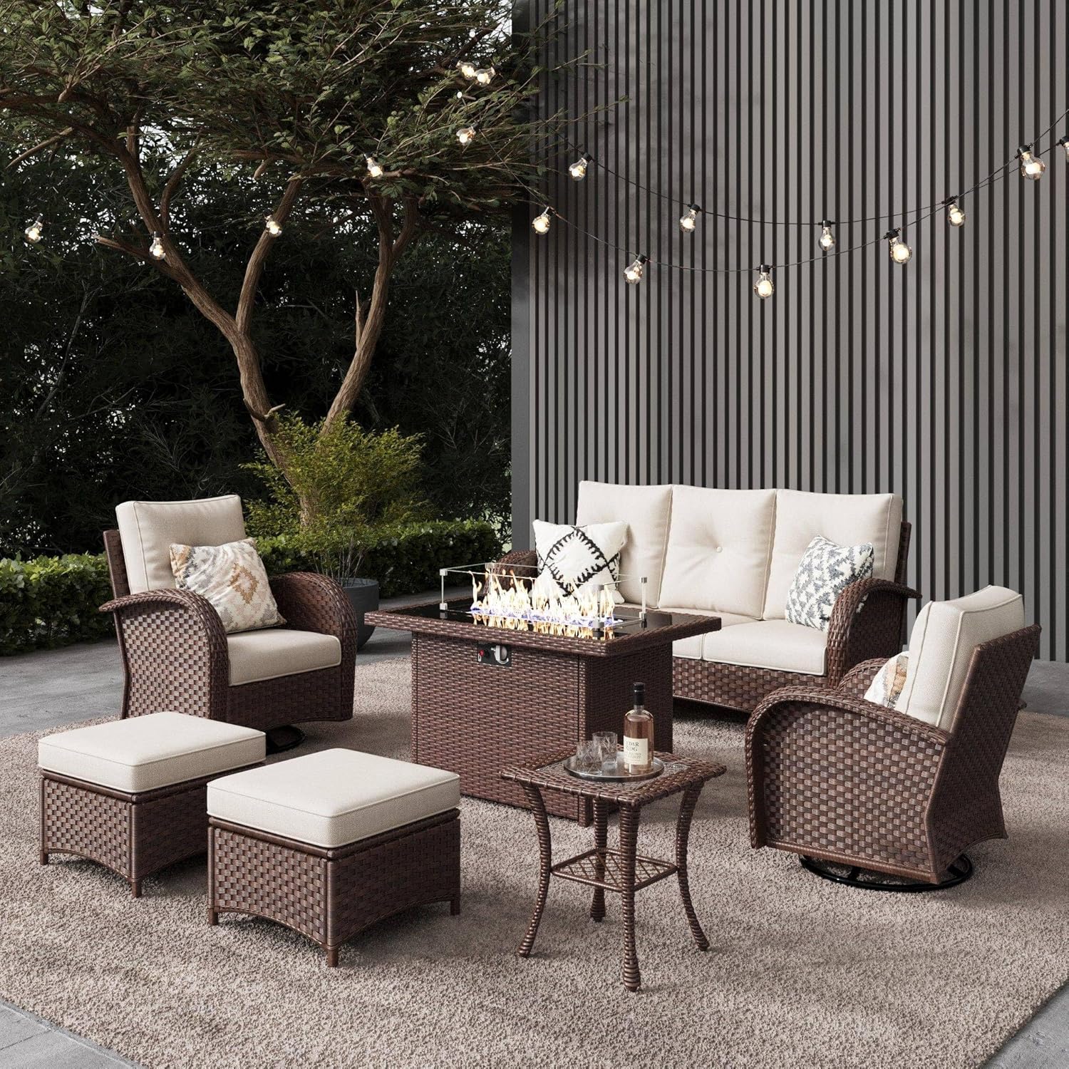 10 Pieces Outdoor Patio Furniture Set with Fire Pit Table, Rattan Wicker Sectional Swivel Rocker Chairs Sets