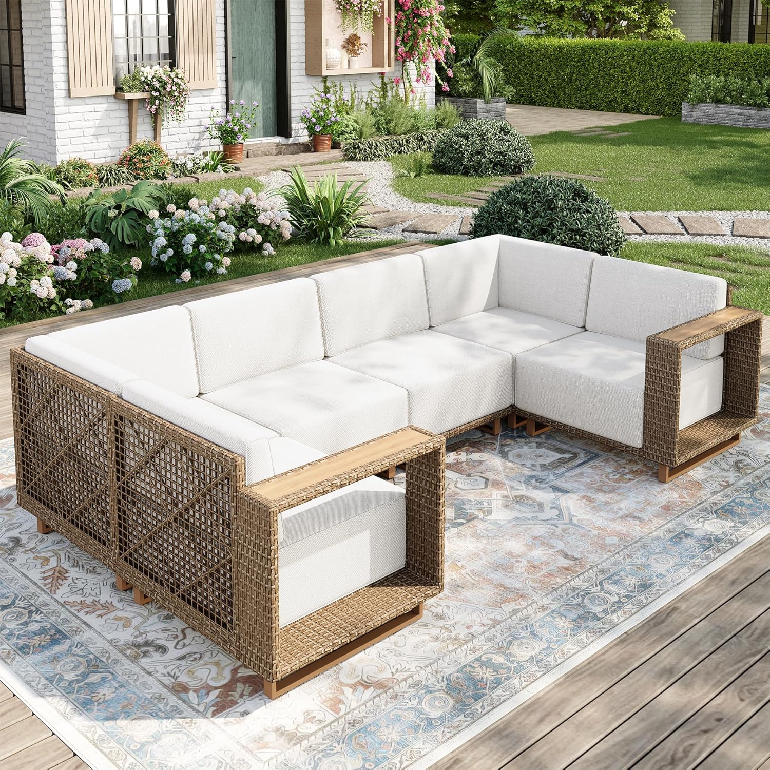 Outdoor Patio Furniture Set, 6 Piece Sectional Rattan Wicker Sofa Couch, Outdoor Conversation Sets with 10" Extra Thick Cushions for Deck Backyard Lawn