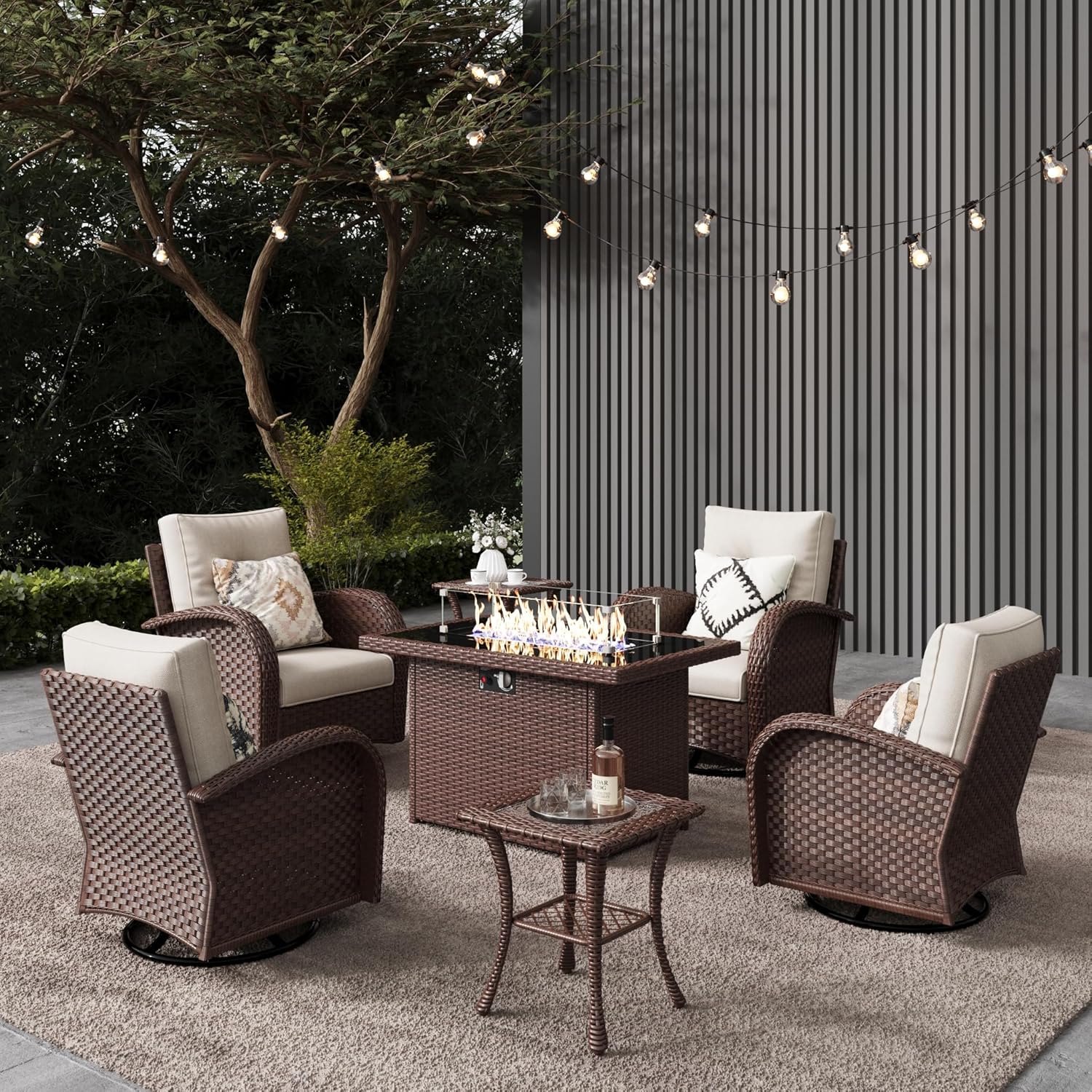 10 Pieces Outdoor Patio Furniture Set with Fire Pit Table, Rattan Wicker Sectional Swivel Rocker Chairs Sets