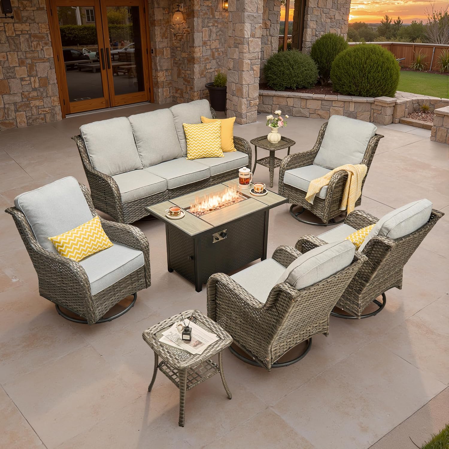 5 Pieces Patio Furniture Set, Outdoor Wicker Sofa Couch with Swivel Chairs Solar Lights Table, High Back Modern All Weather Conversation Sets, Grey Rattan, Denim Blue