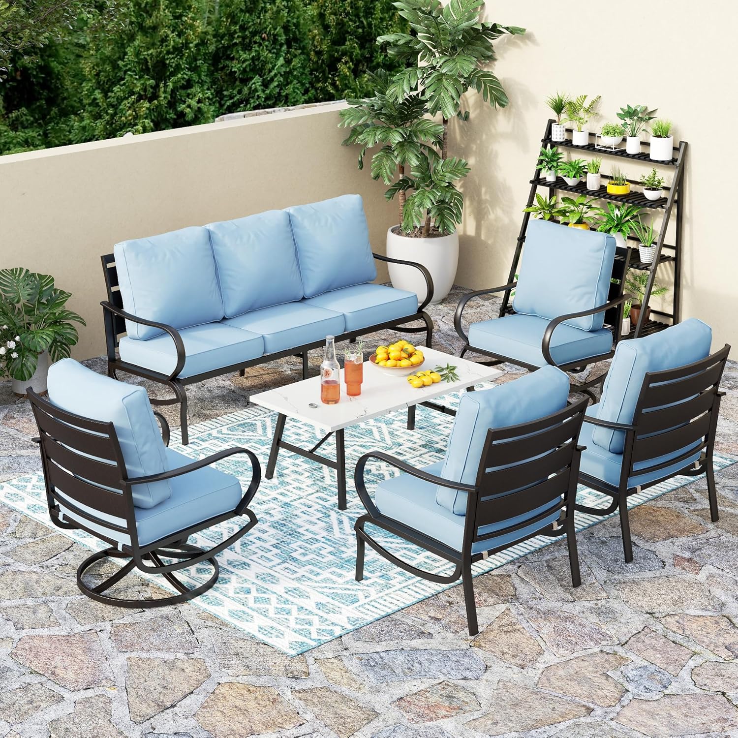 5 PCS Patio Furniture Set, Metal Outdoor Furniture Set with 1 x 3 Seater Deep Seating Bench, 2 x Swivel Sofa Chairs & 2 x Metal Cushioned Ottoman, Outdoor Patio Set for Garden