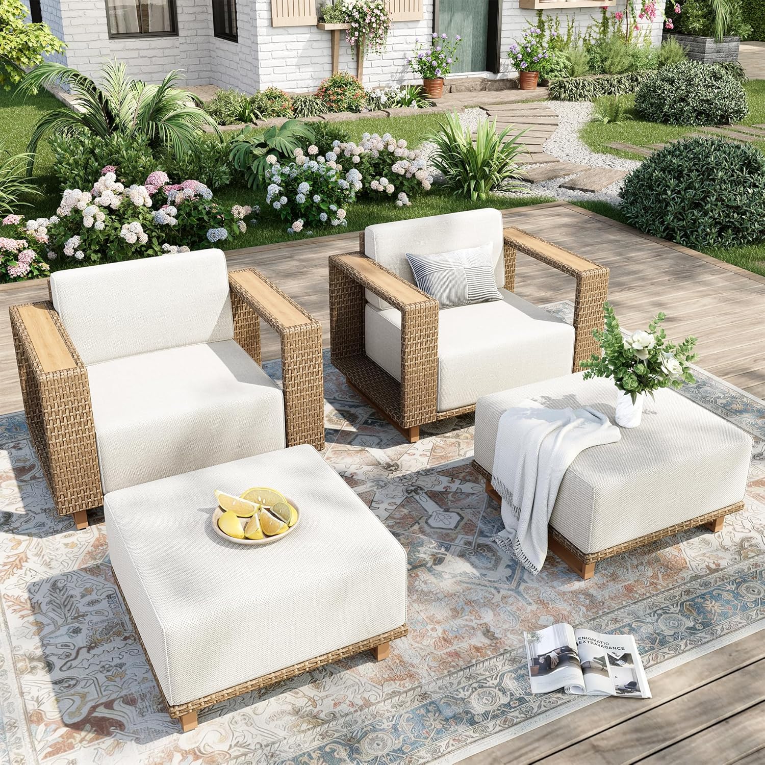 Outdoor Patio Furniture Set, 6 Piece Sectional Rattan Wicker Sofa Couch, Outdoor Conversation Sets with 10" Extra Thick Cushions for Deck Backyard Lawn