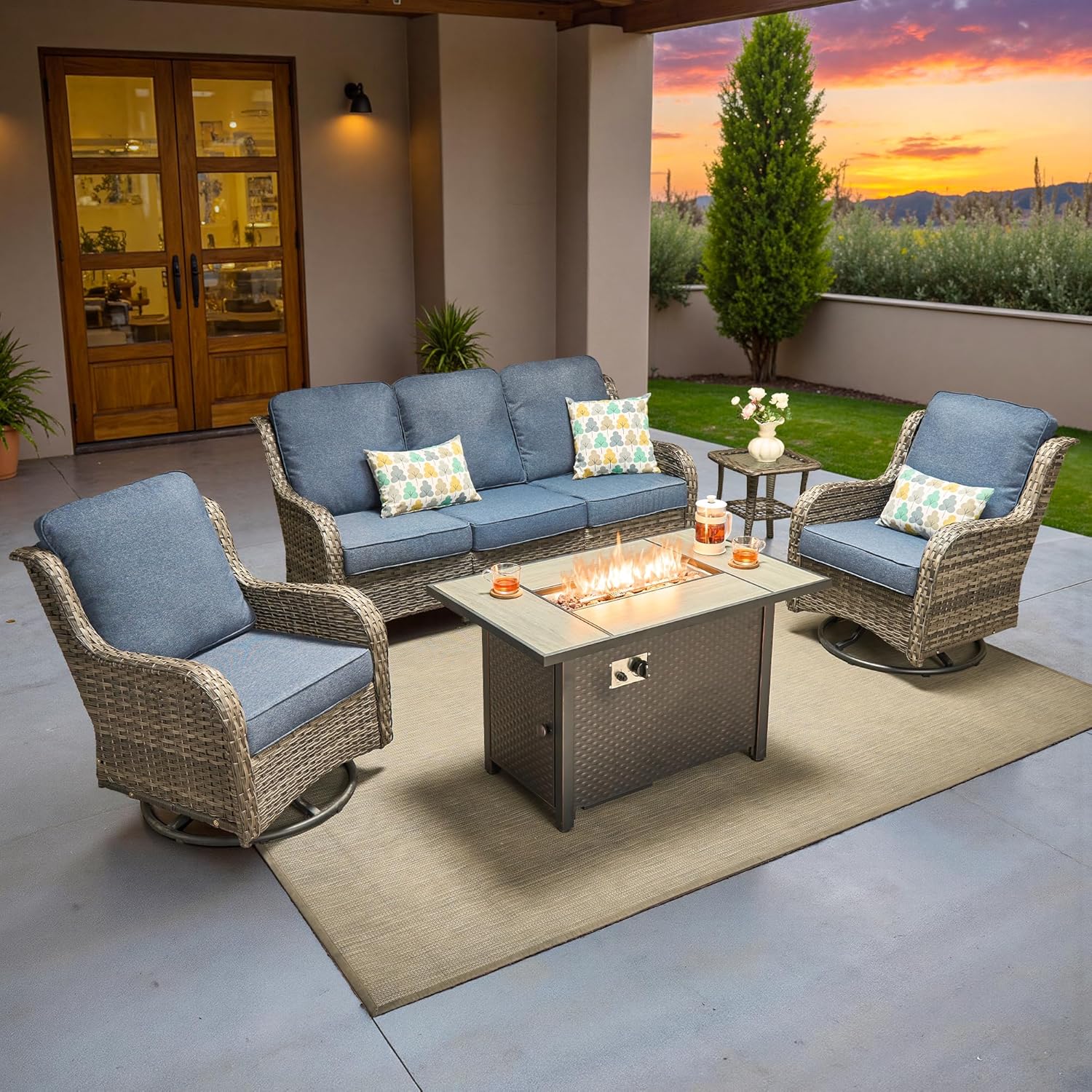 5 Pieces Patio Furniture Set, Outdoor Wicker Sofa Couch with Swivel Chairs Solar Lights Table, High Back Modern All Weather Conversation Sets, Grey Rattan, Denim Blue