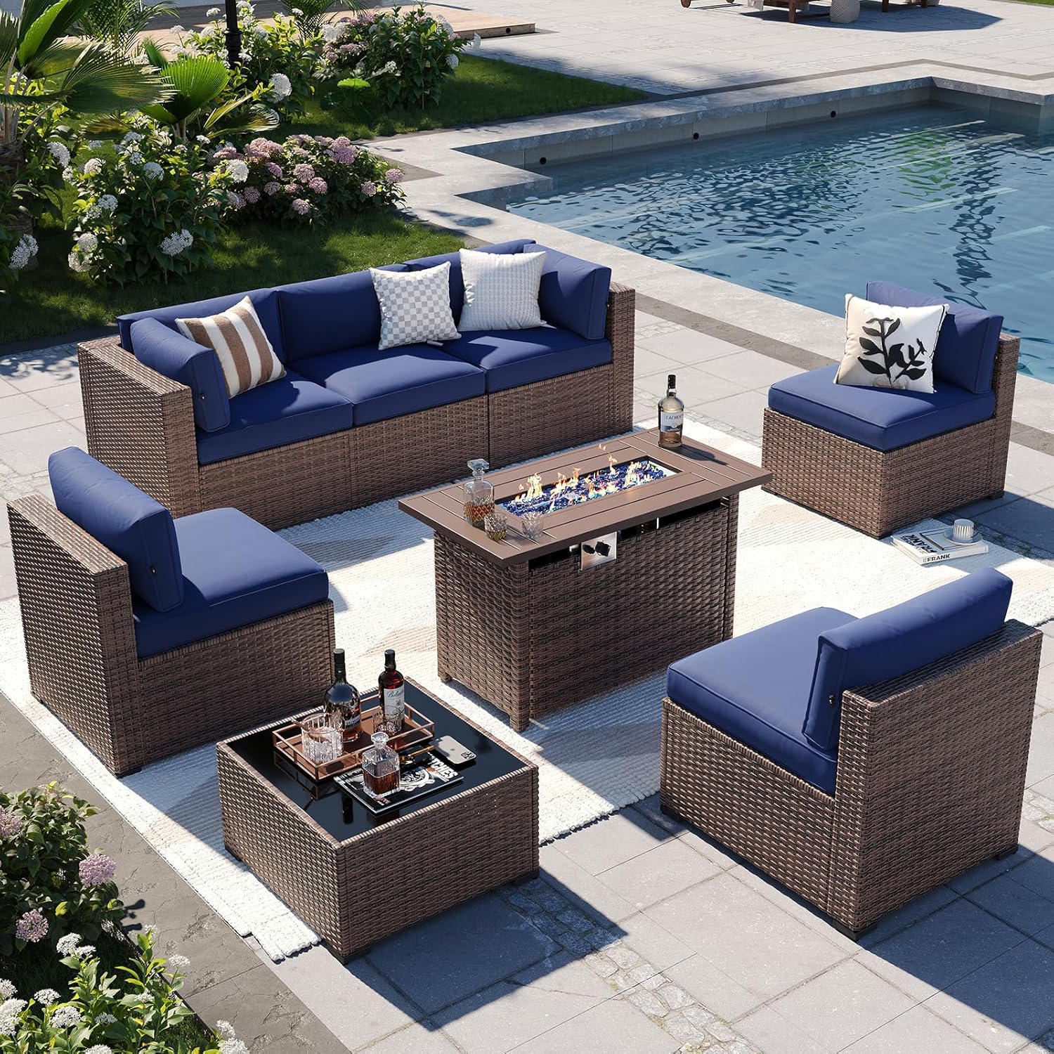 Patio Furniture Sets, 7-Piece Outdoor Patio Furniture with Thick Cushions, Wicker Outdoor Conversation Set Sectional Sofa for Backyard, Poolside, Garden