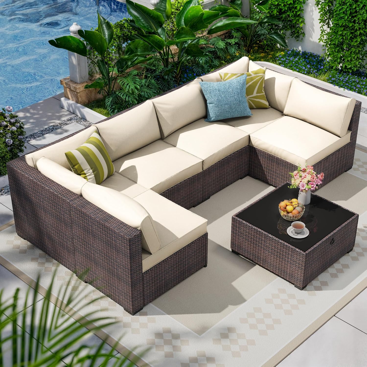 8 Piece Outdoor Patio Furniture Set, Outdoor Sectional Furniture, Rattan & Wicker Modern Modular Conversation Set Sofa Couch W/Water Resistant Washable Thick Cushions and Coffee Table, Beige