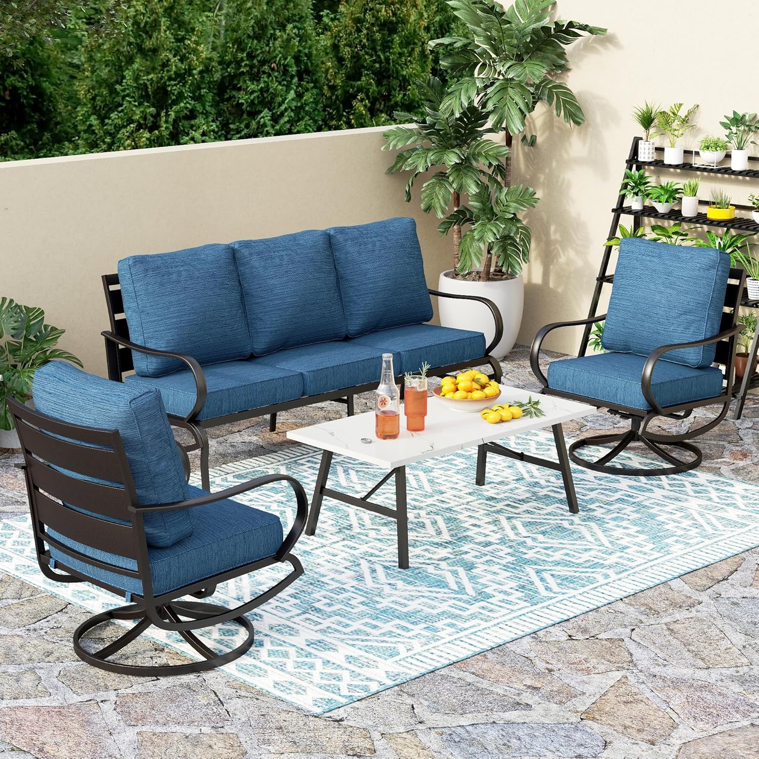 5 PCS Patio Furniture Set, Metal Outdoor Furniture Set with 1 x 3 Seater Deep Seating Bench, 2 x Swivel Sofa Chairs & 2 x Metal Cushioned Ottoman, Outdoor Patio Set for Garden