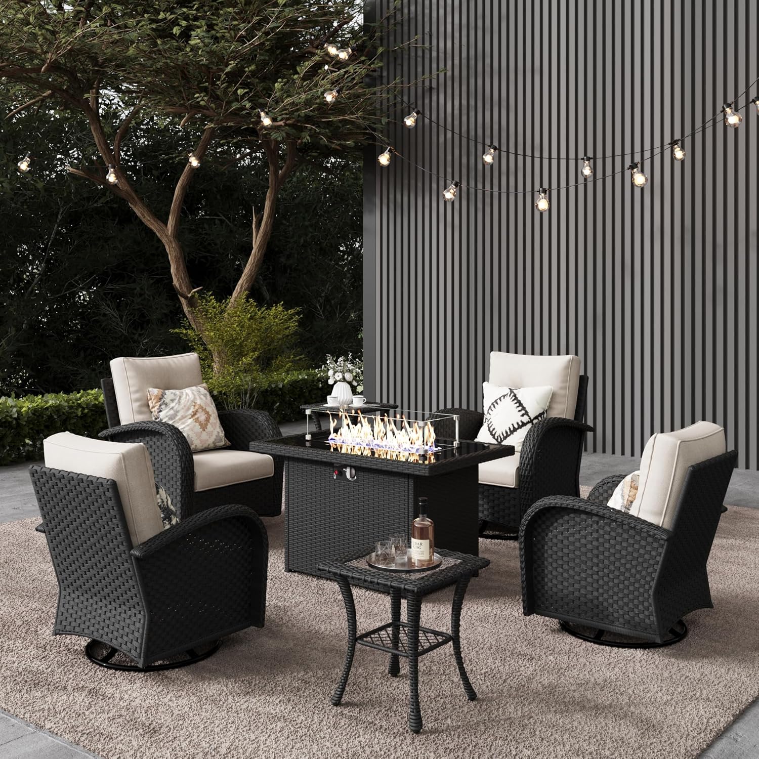 10 Pieces Outdoor Patio Furniture Set with Fire Pit Table, Rattan Wicker Sectional Swivel Rocker Chairs Sets