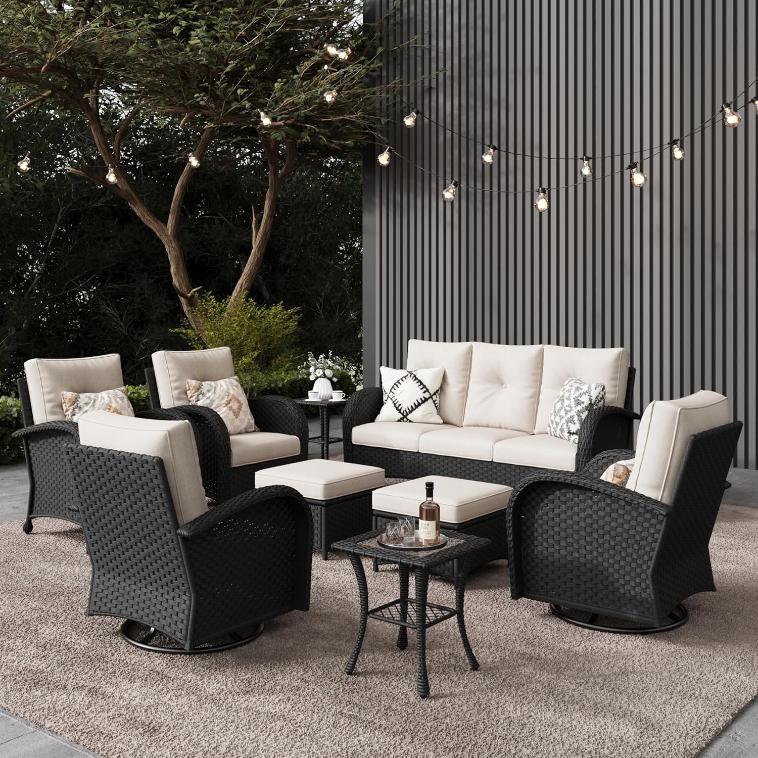 10 Pieces Outdoor Patio Furniture Set with Fire Pit Table, Rattan Wicker Sectional Swivel Rocker Chairs Sets