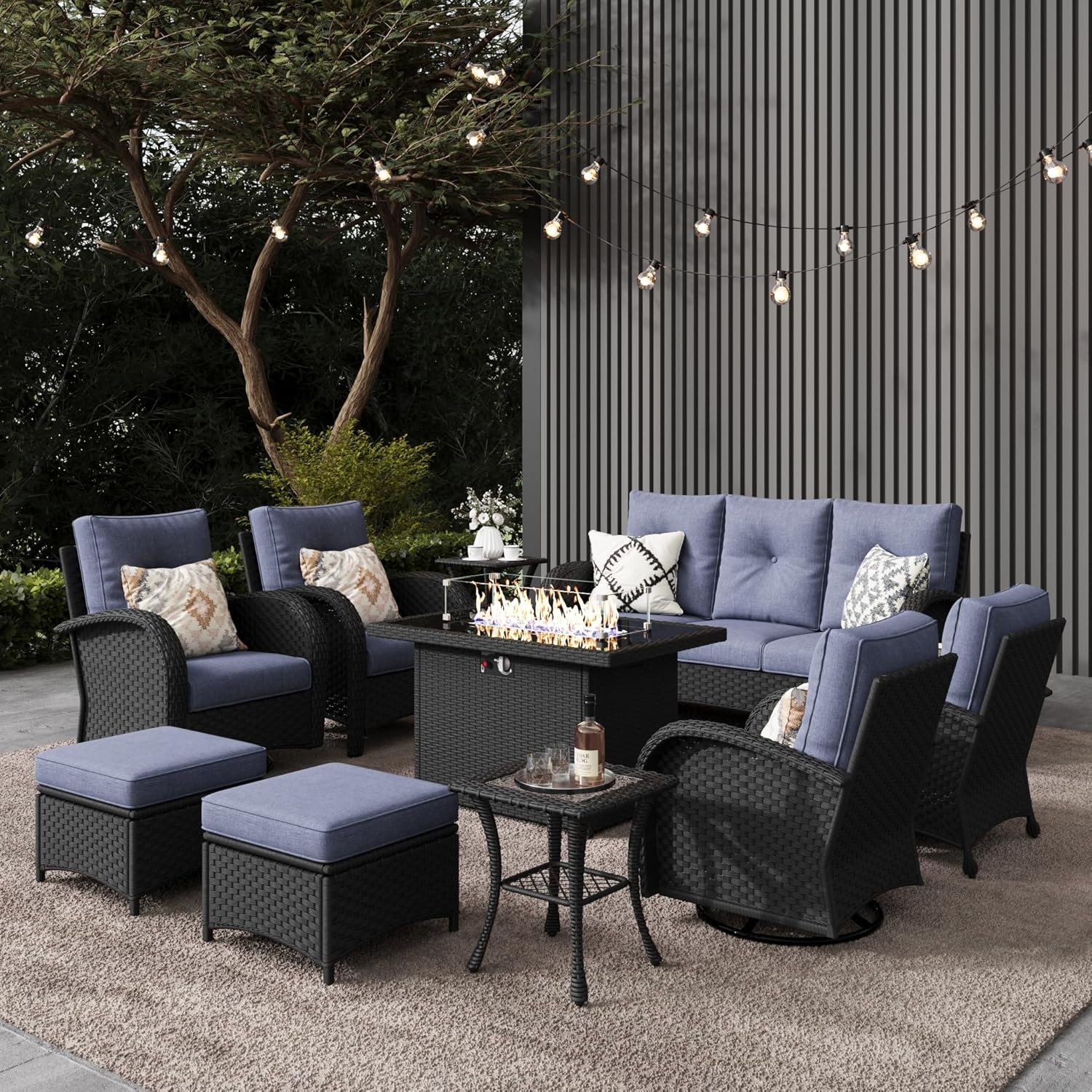 10 Pieces Outdoor Patio Furniture Set with Fire Pit Table, Rattan Wicker Sectional Swivel Rocker Chairs Sets