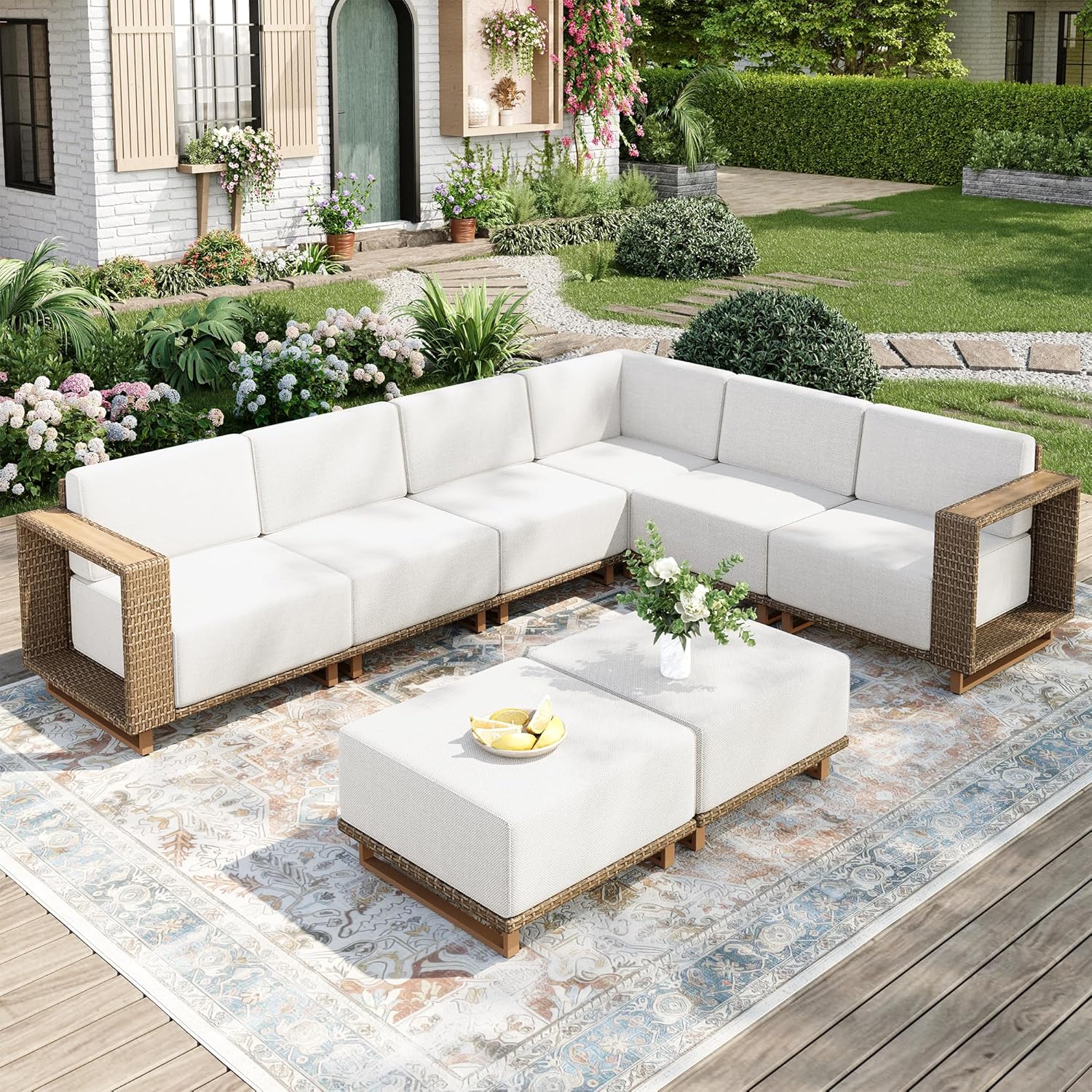 Outdoor Patio Furniture Set, 6 Piece Sectional Rattan Wicker Sofa Couch, Outdoor Conversation Sets with 10" Extra Thick Cushions for Deck Backyard Lawn