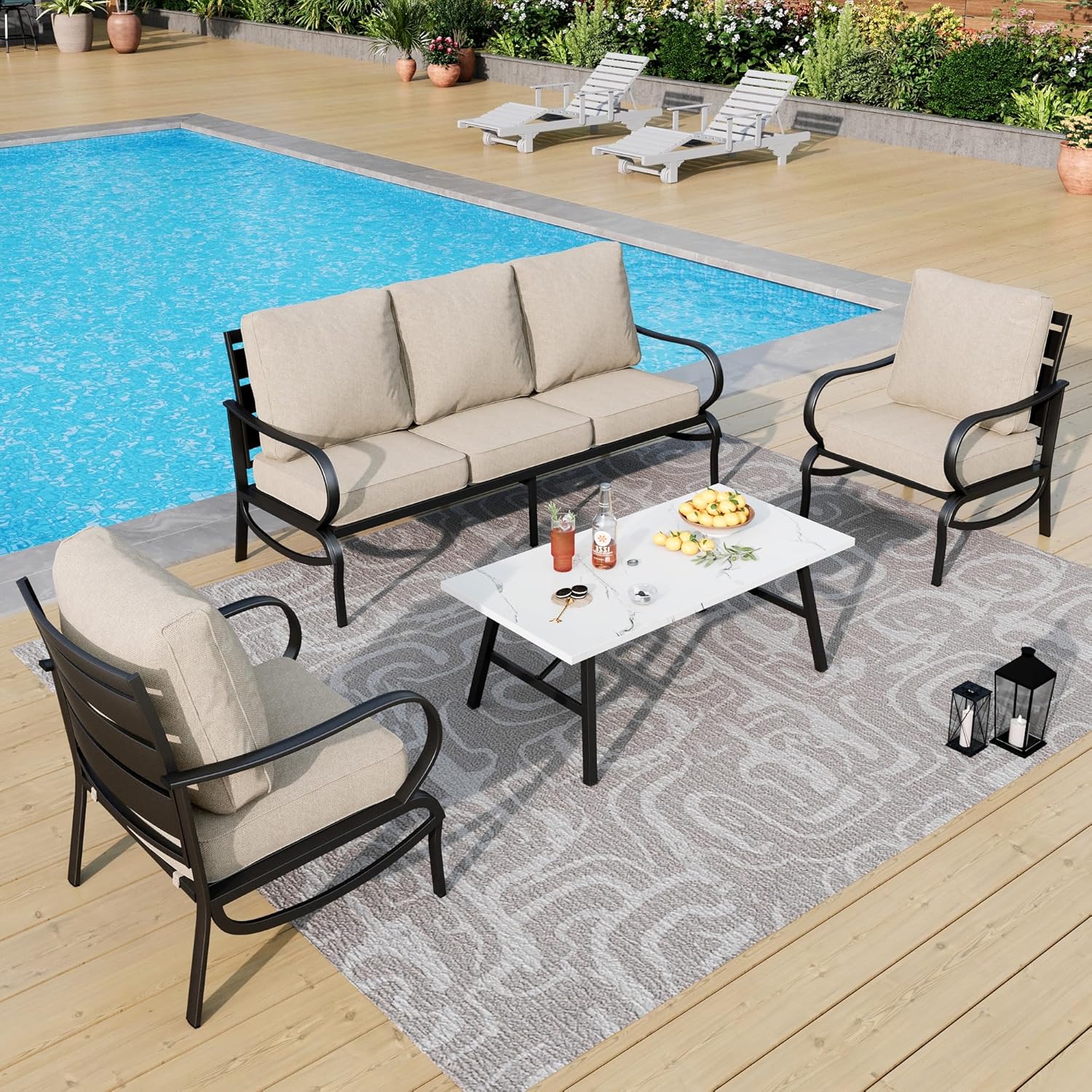5 PCS Patio Furniture Set, Metal Outdoor Furniture Set with 1 x 3 Seater Deep Seating Bench, 2 x Swivel Sofa Chairs & 2 x Metal Cushioned Ottoman, Outdoor Patio Set for Garden