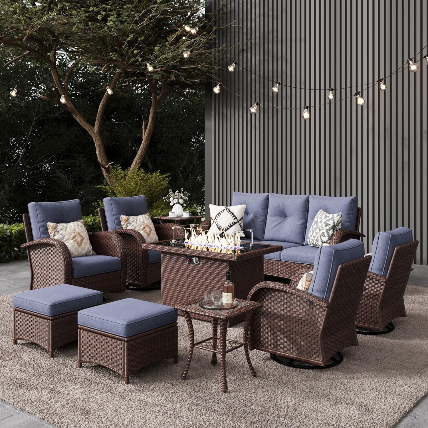 10 Pieces Outdoor Patio Furniture Set with Fire Pit Table, Rattan Wicker Sectional Swivel Rocker Chairs Sets