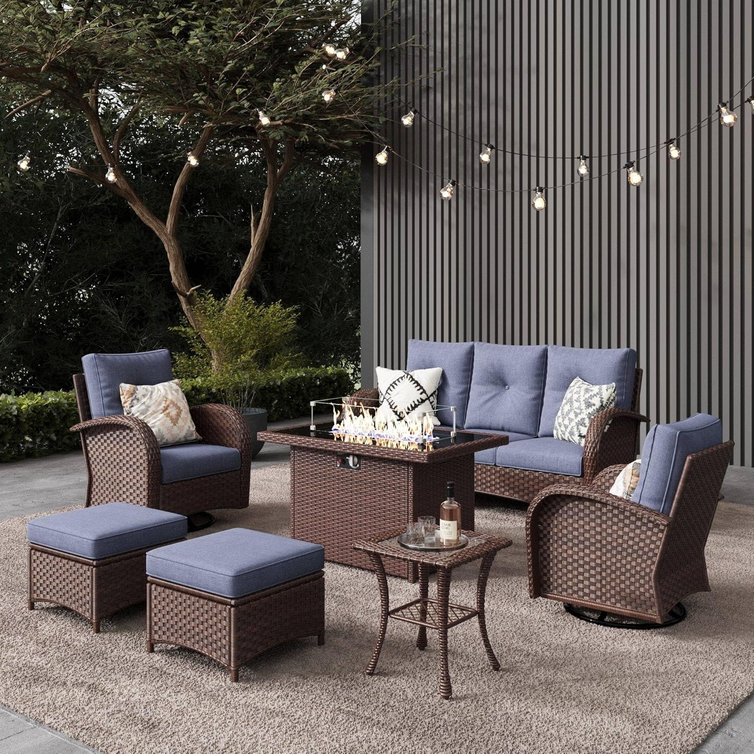 10 Pieces Outdoor Patio Furniture Set with Fire Pit Table, Rattan Wicker Sectional Swivel Rocker Chairs Sets