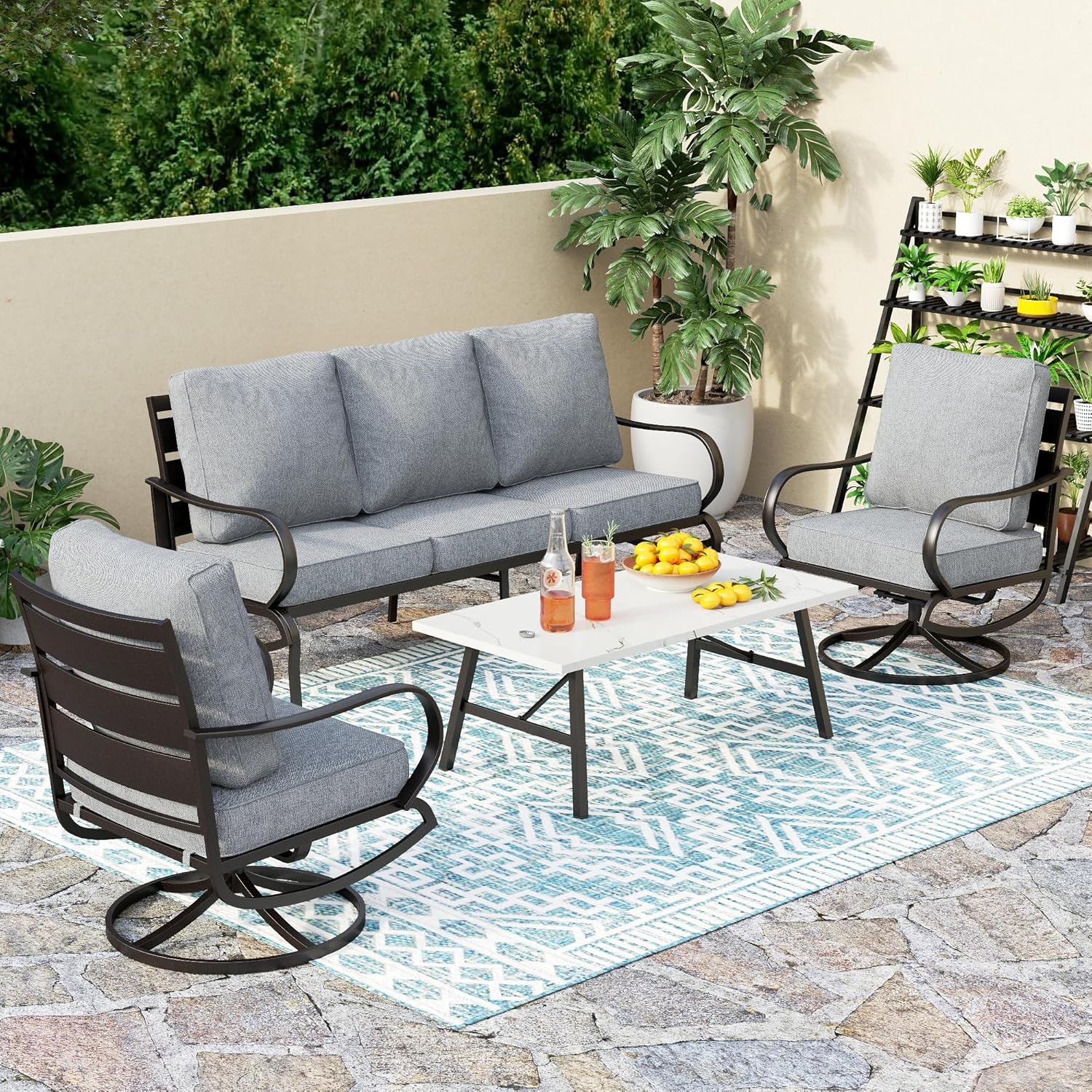 5 PCS Patio Furniture Set, Metal Outdoor Furniture Set with 1 x 3 Seater Deep Seating Bench, 2 x Swivel Sofa Chairs & 2 x Metal Cushioned Ottoman, Outdoor Patio Set for Garden