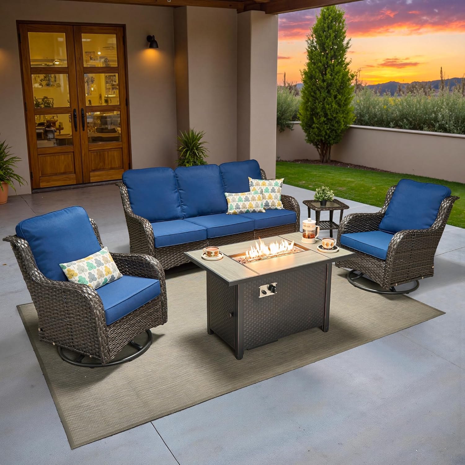 5 Pieces Patio Furniture Set, Outdoor Wicker Sofa Couch with Swivel Chairs Solar Lights Table, High Back Modern All Weather Conversation Sets, Grey Rattan, Denim Blue