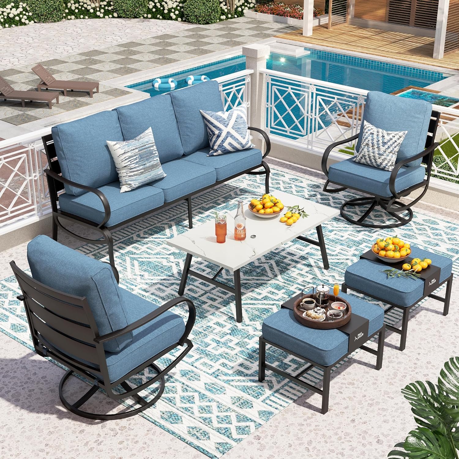 5 PCS Patio Furniture Set, Metal Outdoor Furniture Set with 1 x 3 Seater Deep Seating Bench, 2 x Swivel Sofa Chairs & 2 x Metal Cushioned Ottoman, Outdoor Patio Set for Garden