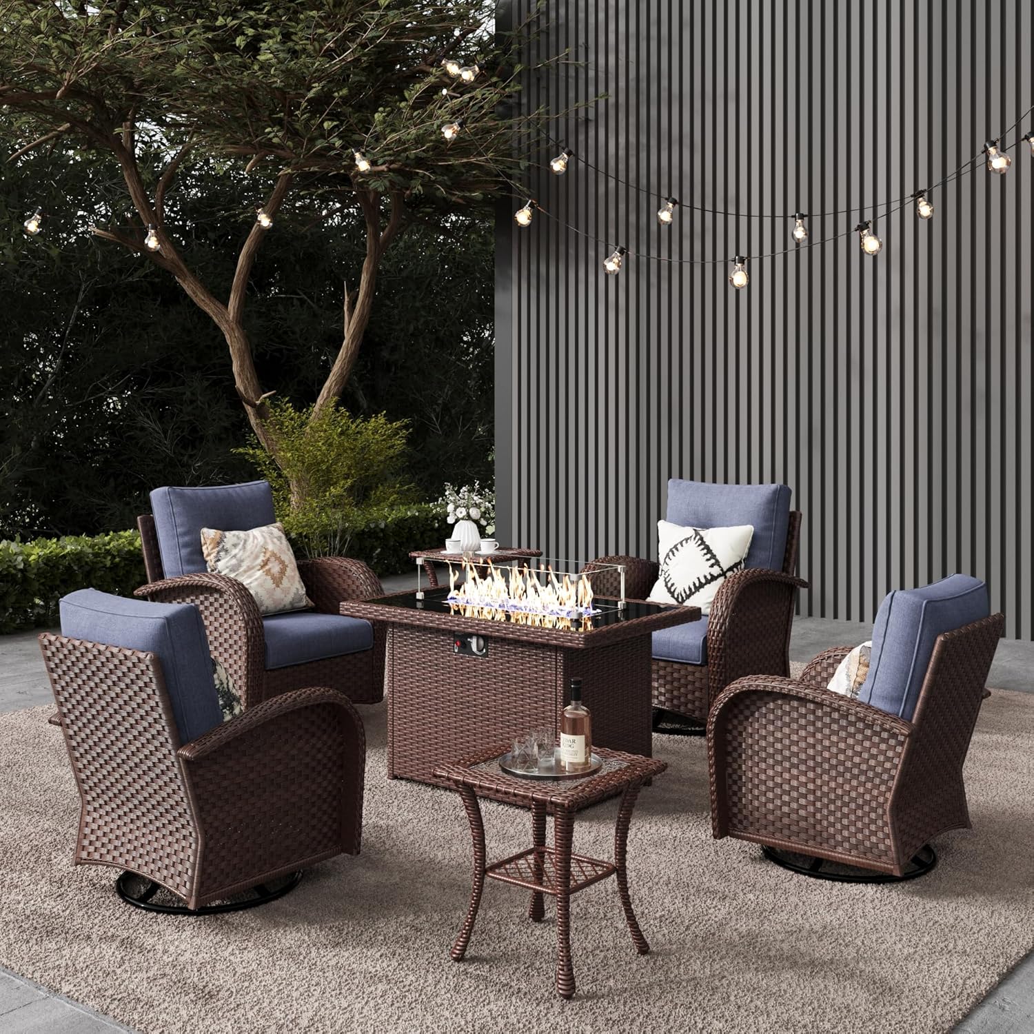 10 Pieces Outdoor Patio Furniture Set with Fire Pit Table, Rattan Wicker Sectional Swivel Rocker Chairs Sets