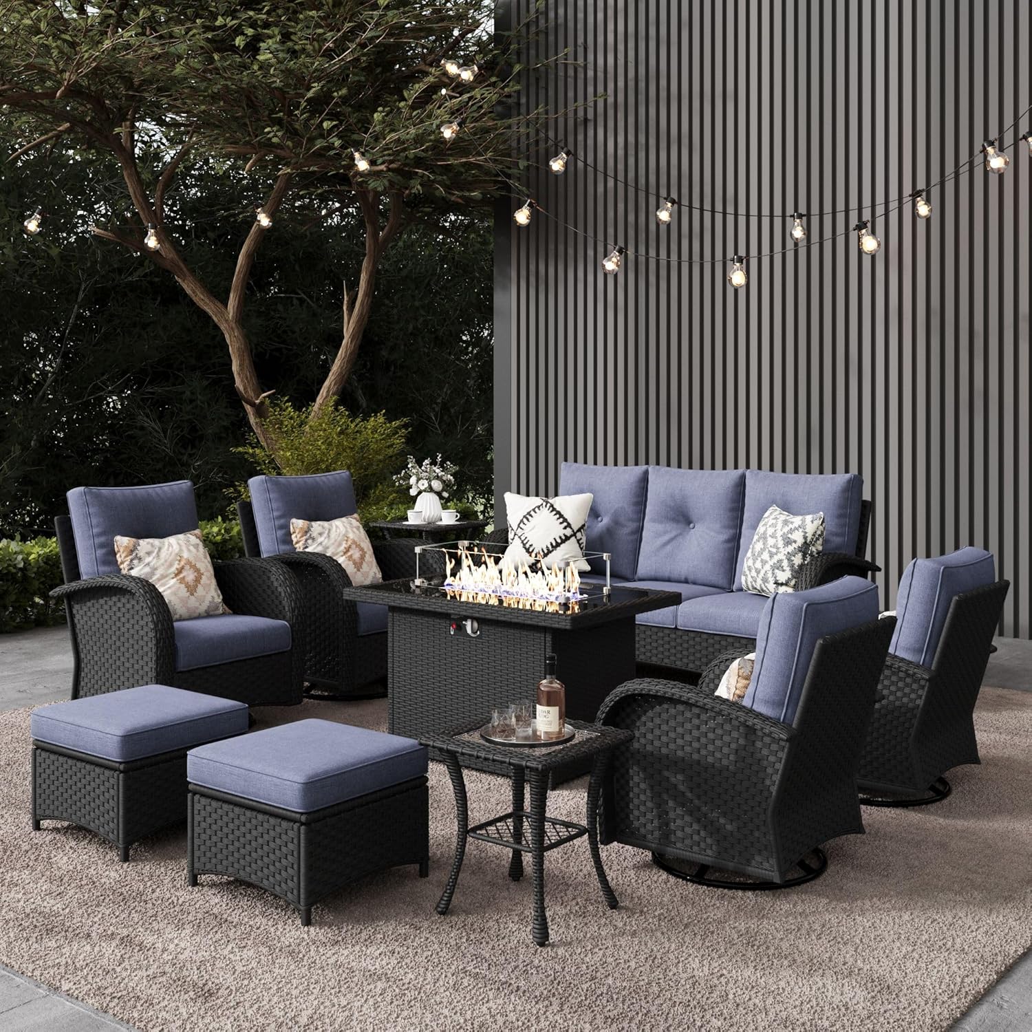 10 Pieces Outdoor Patio Furniture Set with Fire Pit Table, Rattan Wicker Sectional Swivel Rocker Chairs Sets