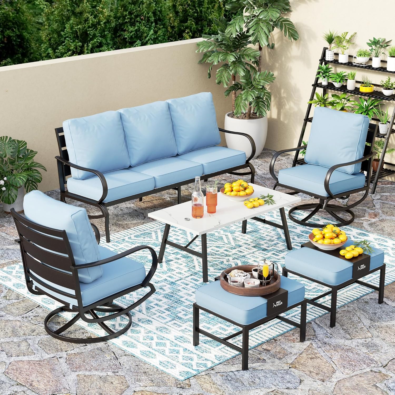 5 PCS Patio Furniture Set, Metal Outdoor Furniture Set with 1 x 3 Seater Deep Seating Bench, 2 x Swivel Sofa Chairs & 2 x Metal Cushioned Ottoman, Outdoor Patio Set for Garden
