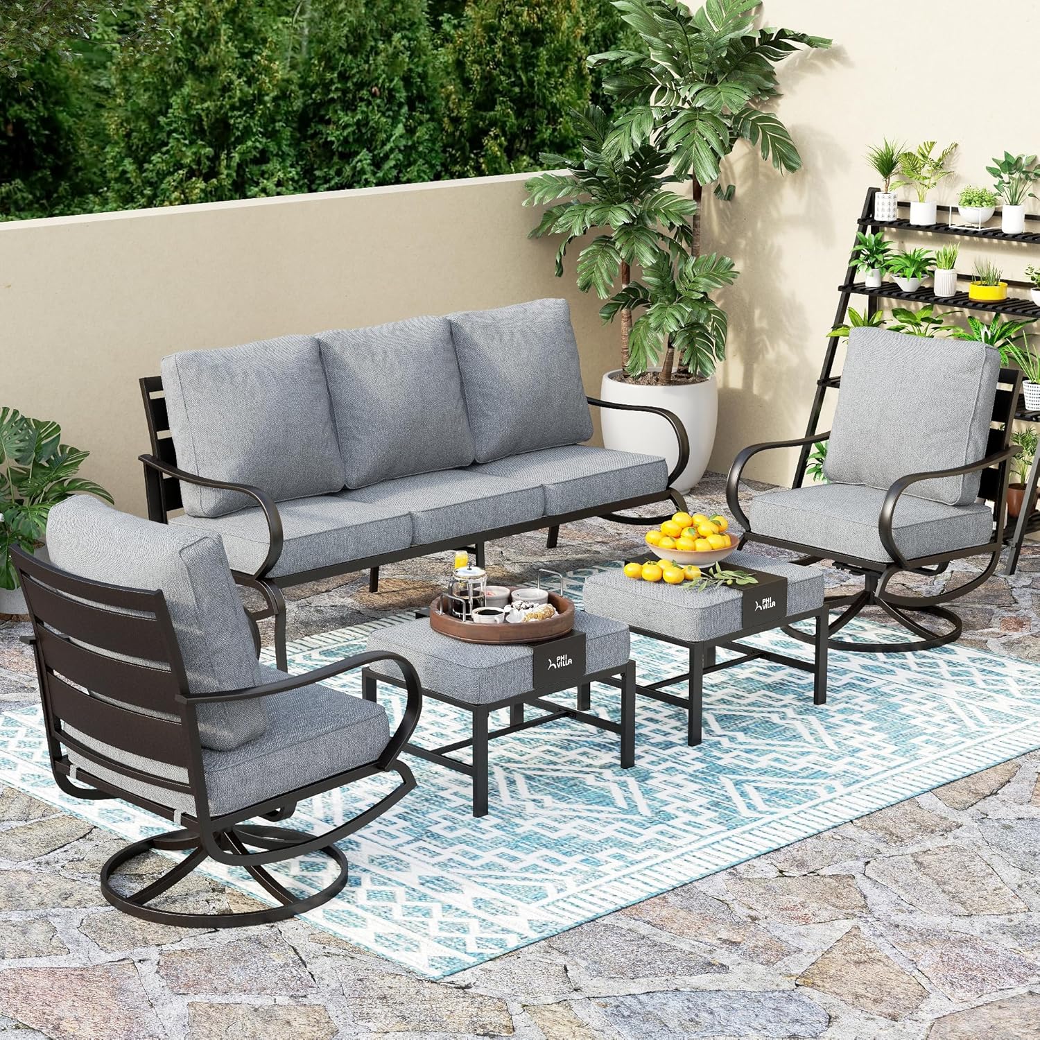 5 PCS Patio Furniture Set, Metal Outdoor Furniture Set with 1 x 3 Seater Deep Seating Bench, 2 x Swivel Sofa Chairs & 2 x Metal Cushioned Ottoman, Outdoor Patio Set for Garden