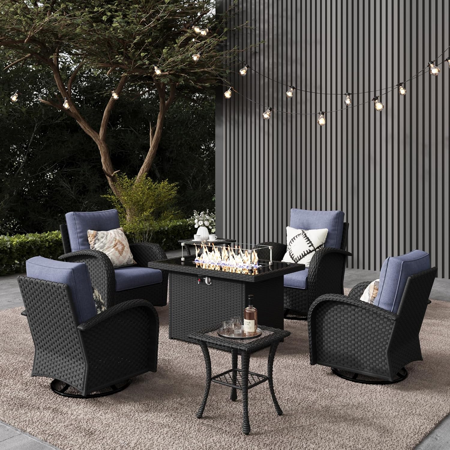 10 Pieces Outdoor Patio Furniture Set with Fire Pit Table, Rattan Wicker Sectional Swivel Rocker Chairs Sets