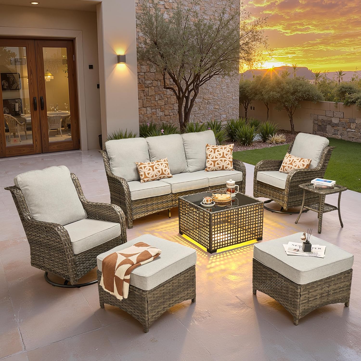 5 Pieces Patio Furniture Set, Outdoor Wicker Sofa Couch with Swivel Chairs Solar Lights Table, High Back Modern All Weather Conversation Sets, Grey Rattan, Denim Blue