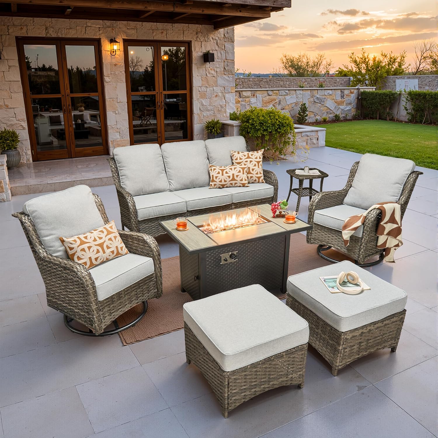 5 Pieces Patio Furniture Set, Outdoor Wicker Sofa Couch with Swivel Chairs Solar Lights Table, High Back Modern All Weather Conversation Sets, Grey Rattan, Denim Blue