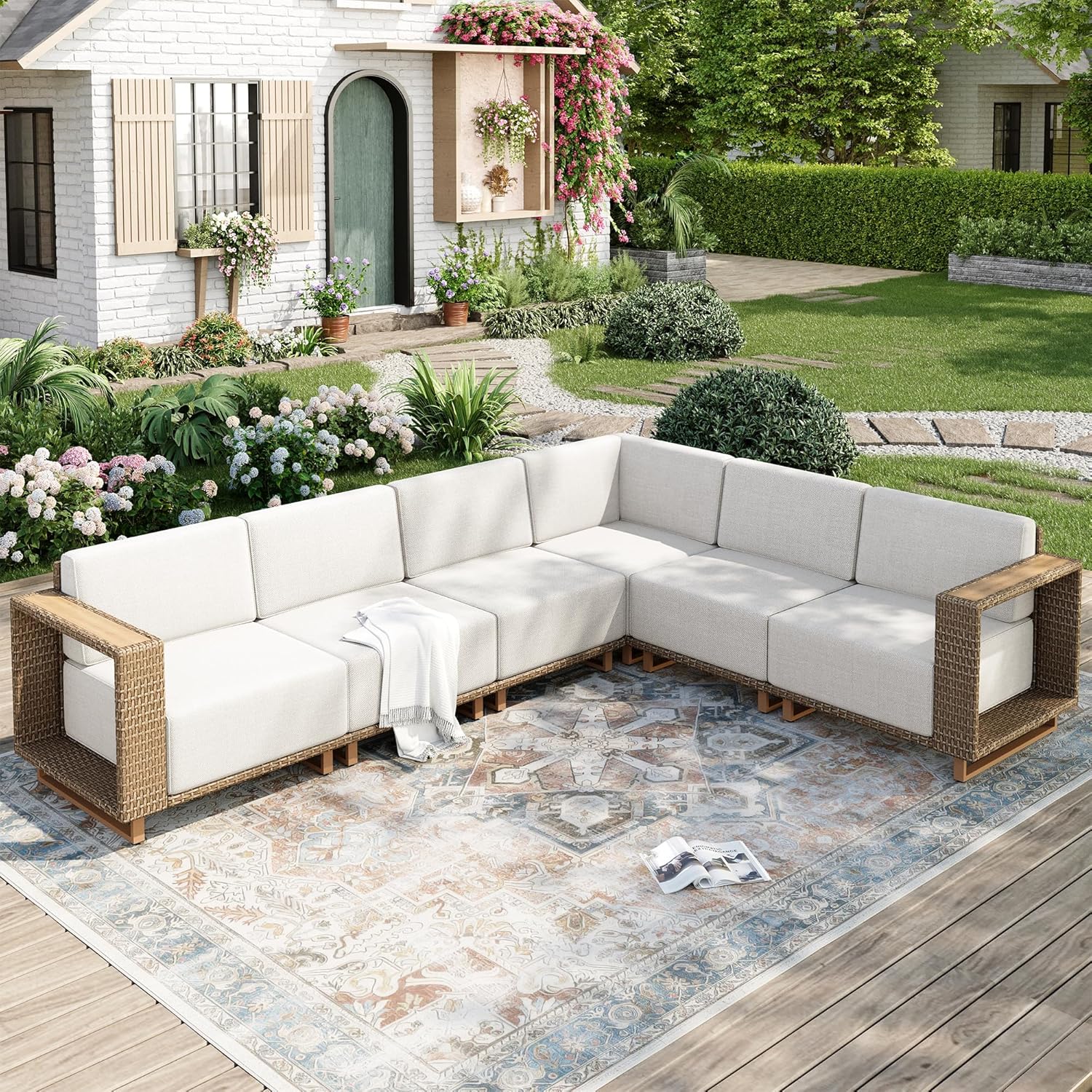 Outdoor Patio Furniture Set, 6 Piece Sectional Rattan Wicker Sofa Couch, Outdoor Conversation Sets with 10" Extra Thick Cushions for Deck Backyard Lawn