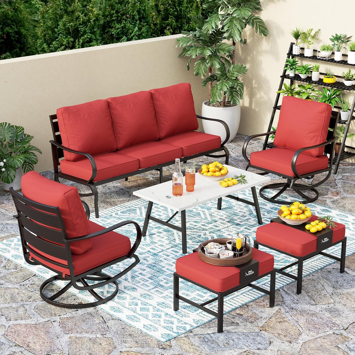 5 PCS Patio Furniture Set, Metal Outdoor Furniture Set with 1 x 3 Seater Deep Seating Bench, 2 x Swivel Sofa Chairs & 2 x Metal Cushioned Ottoman, Outdoor Patio Set for Garden