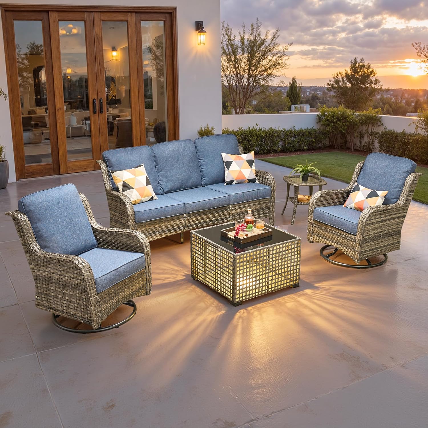5 Pieces Patio Furniture Set, Outdoor Wicker Sofa Couch with Swivel Chairs Solar Lights Table, High Back Modern All Weather Conversation Sets, Grey Rattan, Denim Blue