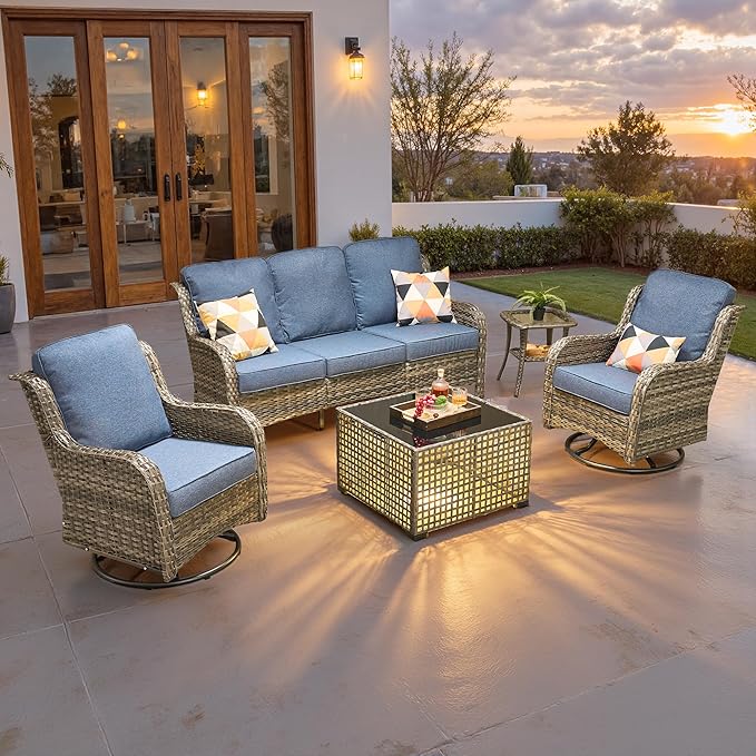 5 Pieces Patio Furniture Set, Outdoor Wicker Sofa Couch with Swivel Chairs Solar Lights Table, High Back Modern All Weather Conversation Sets, Grey Rattan, Denim Blue