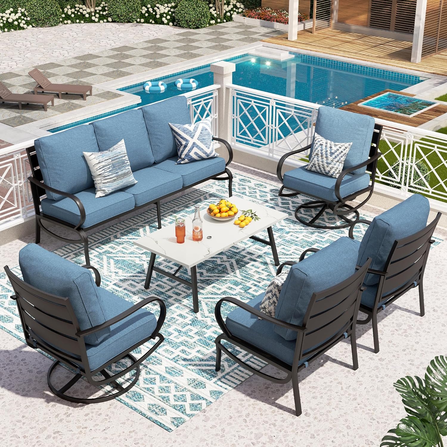 5 PCS Patio Furniture Set, Metal Outdoor Furniture Set with 1 x 3 Seater Deep Seating Bench, 2 x Swivel Sofa Chairs & 2 x Metal Cushioned Ottoman, Outdoor Patio Set for Garden