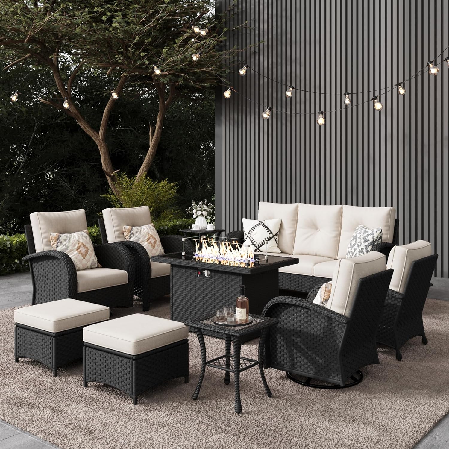 10 Pieces Outdoor Patio Furniture Set with Fire Pit Table, Rattan Wicker Sectional Swivel Rocker Chairs Sets
