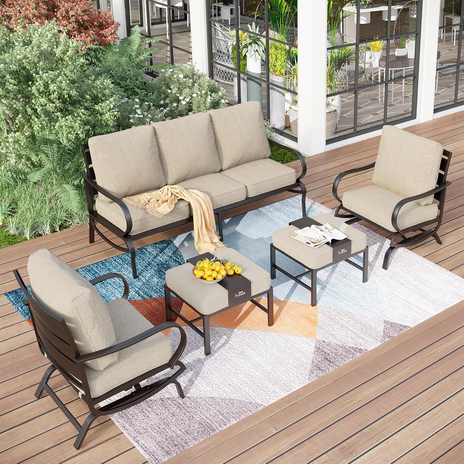 5 PCS Patio Furniture Set, Metal Outdoor Furniture Set with 1 x 3 Seater Deep Seating Bench, 2 x Swivel Sofa Chairs & 2 x Metal Cushioned Ottoman, Outdoor Patio Set for Garden